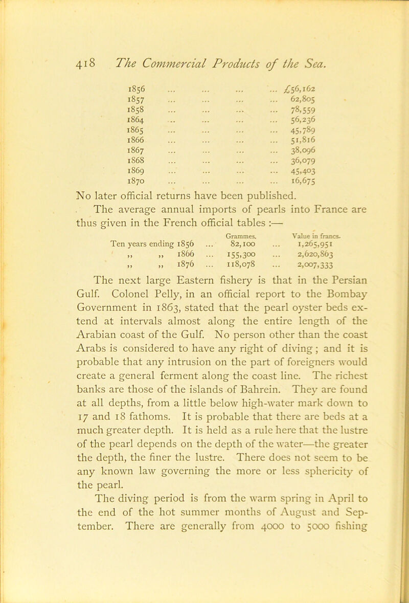 1856 1857 1858 1864 1865 1866 1867 1868 1869 1870 .. ;CS6,i62 62,805 •• 78,559 56,236 .. 45,789 .. 51,816 38,096 •• 36,079 - 45,403 16,675 No later official returns have been published. The average annual imports of pearls into France are thus given in the French official tables :— Grammes. Ten years ending 1856 ... 82,100 „ „ 1866 ... 155,300 ,, ,, 1876 ... 118,078 Value in francs- 1,265,951 2,620,863 2,007,333 The next large Eastern fishery is that in the Persian Gulf. Colonel Pelly, in an official report to the Bombay Government in 1863, stated that the pearl oyster beds ex- tend at intervals almost along the entire length of the Arabian coast of the Gulf. No person other than the coast Arabs is considered to have any right of diving; and it is probable that any intrusion on the part of foreigners would create a general ferment along the coast line. The richest banks are those of the islands of Bahrein. They are found at all depths, from a little below high-water mark down to 17 and 18 fathoms. It is probable that there are beds at a much greater depth. It is held as a rule here that the lustre of the pearl depends on the depth of the water—the greater the depth, the finer the lustre. There does not seem to be any known law governing the more or less sphericity of the pearl. The diving period is from the warm spring in April to the end of the hot summer months of August and Sep- tember. There are generally from 40CK) to 5cxxd fishing