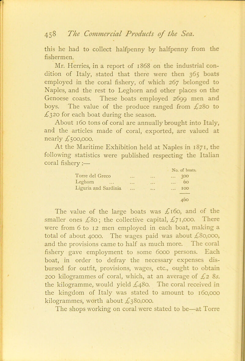 this he had to collect halfpenny by halfpenny from the fishermen. Mr. Herries, in a report of 1868 on the industrial con- dition of Italy, stated that there were then 365 boats employed in the coral fishery, of which 267 belonged to Naples, and the rest to Leghorn and other places on the Genoese coasts. These boats employed 2699 men and boys. The value of the produce ranged from £2^0 to £'^20 for each boat during the season. About 160 tons of coral are annually brought into Italy, and the articles made of coral, exported, are valued at nearly ;^5 00,000. At the Maritime Exhibition held at Naples in 1871, the following statistics were published respecting the Italian coral fishery;— No. of boats. Torre del Greco ... 300 Leghorn 60 Liguria and Sardinia ... ... 100 460 The value of the large boats was ;^^i6o, and of the smaller ones ;^8o; the collective capital, ;^71,000. There were from 6 to 12 men employed in each boat, making a total of about 4000. The wages paid was about .^80,000, and the provisions came to half as much more. The coral fishery gave employment to some 6000 persons. Each boat, in order to defray the necessary expenses dis- bursed for outfit, provisions, wages, etc., ought to obtain 200 kilogrammes of coral, which, at an average of £2 8^. the kilogramme, would yield ;£^48o. The coral received in the kingdom of Italy was stated to amount to 160,000 kilogrammes, worth about ;^380,000. The shops working on coral were stated to be—at Torre