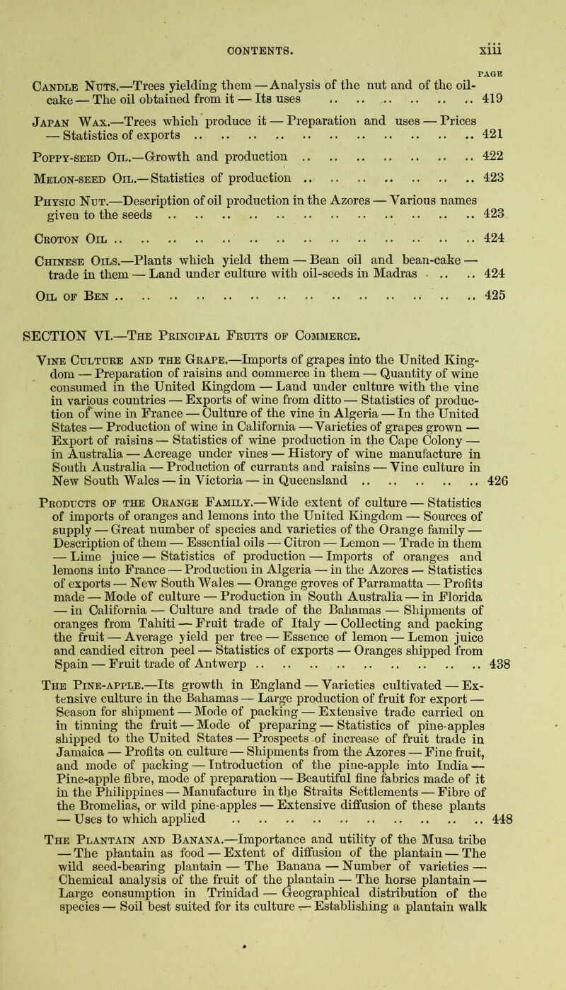 Candle Nuts.—Trees yielding them—Analysis of the nut and of the oil- cake — The oil obtained from it — Its uses 419 Japan Wax.—Trees which produce it — Preparation and uses — Prices — Statistics of exports 421 Poppy-seed Oil.—Growth and production 422 Melon-seed Oil.—Statistics of production 423 Physic Nut.—Description of oil production in the Azores — Various names given to the seeds 423 Croton Oil .. .. 424 Chinese Oils.—Plants which yield them — Bean oil and bean-cake — trade in them — Land under culture with oil-seeds in Madras - .. .. 424 Oil op Ben .. .. 425 SECTION VI.—The Principal Fruits op Commerce. Vine Culture and the Grape.—Imports of grapes into the United King- dom — Preparation of raisins and commerce in them — Quantity of wine consumed in the United Kingdom — Land under culture with the vine in various countries — Exports of wine from ditto — Statistics of produc- tion of wine in France — Culture of the vine in Algeria — In the United States — Production of wine in California —Varieties of grapes grown — Export of raisins — Statistics of wine production in the Cape Colony — in Australia — Acreage under vines — History of wine manufacture in South Australia — Production of currants and raisins — Vine culture in New South Wales — in Victoria — in Queensland 426 Products op the Orange Family.—Wide extent of culture — Statistics of imports of oranges and lemons into the United Kingdom — Sources of supply — Great number of species and varieties of the Orange family — Description of them — Essential oils — Citron — Lemon — Trade in them — Lime juice — Statistics of production — Imports of oranges and lemons into France — Production in Algeria — in the Azores — Statistics of exports — New South Wales — Orange groves of Parramatta — Profits made — Mode of culture — Production in South Australia — in Florida — in California — Culture and trade of the Bahamas — Shipments of oranges from Tahiti — Fruit trade of Italy — Collecting and packing the fruit — Average yield per tree — Essence of lemon — Lemon juice and candied citron peel — Statistics of exports — Oranges shipped from Spain — Fruit trade of Antwerp 438 The Pine-apple.—Its growth in England — Varieties cultivated — Ex- tensive culture in the Bahamas — Large production of fruit for export — Season for shipment — Mode of packing — Extensive trade carried on in tinning the fruit — Mode of preparing — Statistics of pine-apples shipped to the United States — Prospects of increase of fruit trade in Jamaica — Profits on culture — Shipments from the Azores — Fine fruit, and mode of packing — Introduction of the pine-apple into India — Pine-apple fibre, mode of preparation — Beautiful fine fiibrics made of it in the Philippines — Manufacture in the Straits Settlements — Fibre of the Bromelias, or wild pine-apples — Extensive diifusion of these plants — Uses to which applied 448 The Plantain and Banana.—Importance and utility of the Musa tribe — The plantain as food — Extent of diffusion of the plantain—The wild seed-bearing plantain — The Banana — Number of varieties — Chemical analysis of the fruit of the plantain — The horse plantain — Large consumption in Trinidad — Geographical distribution of the species — Soil best suited for its culture r— Establishing a plantain walk