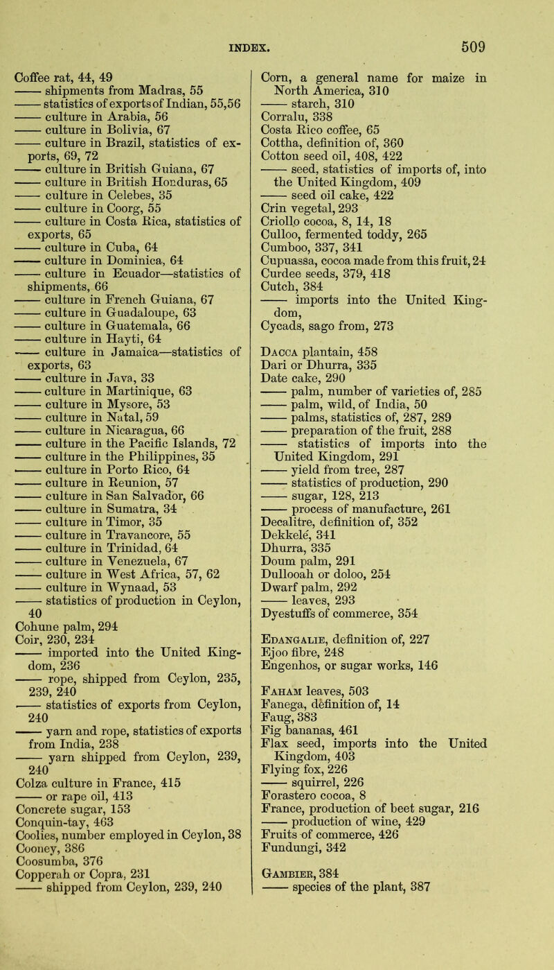 Coffee rat, 44, 49 shipments from Madras, 55 statistics of exports of Indian, 55,56 culture in Arabia, 56 culture in Bolivia, 67 culture in Brazil, statistics of ex- ports, 69, 72 culture in British Guiana, 67 culture in British Honduras, 65 culture in Celebes, 35 culture in Coorg, 55 culture in Costa Kica, statistics of exports, 65 culture in Cuba, 64 culture in Dominica, 64 culture in Ecuador—statistics of shipments, 66 culture in French Guiana, 67 culture in Guadaloupe, 63 culture in Guatemala, 66 culture in Hayti, 64 culture in Jamaica—statistics of exports, 63 culture in Java, 33 culture in Martinique, 63 culture in Mysore, 53 culture in Natal, 59 culture in Nicaragua, 66 culture in the Pacific Islands, 72 culture in the Philippines, 35 —— culture in Porto Rico, 64 culture in Reunion, 57 culture in San Salvador, 66 culture in Sumatra, 34 culture in Timor, 35 culture in Travancore, 55 culture in Trinidad, 64 culture in Venezuela, 67 culture in West Africa, 57, 62 culture in Wynaad, 53 ■ statistics of production in Ceylon, 40 Cohune palm, 294 Coir, 230, 234 imported into the United King- dom, 236 rope, shipped from Ceylon, 235, 239, 240 • statistics of exports from Ceylon, 240 yarn and rope, statistics of exports from India, 238 yarn shipped from Ceylon, 239, 240 Colza culture in France, 415 or rape oil, 413 Concrete sugar, 153 Conquin-tay, 463 Coolies, number employed in Ceylon, 38 Cooney, 386 Coosumba, 376 Copperah or Copra, 231 shipped from Ceylon, 239, 240 Corn, a general name for maize in North America, 310 starch, 310 Corralu, 338 Costa Rico coffee, 65 Cottha, definition of, 360 Cotton seed oil, 408, 422 seed, statistics of imports of, into the United Kingdom, 409 seed oil cake, 422 Crin vegetal, 293 Criollp cocoa, 8, 14, 18 Culloo, fermented toddy, 265 Cumboo, 337, 341 Cupuassa, cocoa made from this fruit, 24 Curdee seeds, 379, 418 Cutch, 384 imports into the United King- dom, Cycads, sago from, 273 Dacca plantain, 458 Dari or Dhurra, 335 Date cake, 290 palm, number of varieties of, 285 palm, wild, of India, 50 palms, statistics of, 287, 289 preparation of the fruit, 288 statistics of imports into the United Kingdom, 291 yield from tree, 287 statistics of production, 290 sugar, 128, 213 process of manufacture, 261 Decalitre, definition of, 352 Dekkele, 341 Dhurra, 335 Doum palm, 291 Dullooah or doloo, 254 Dwarf palm, 292 leaves, 293 Dyestuffs of commerce, 354 Edangalie, definition of, 227 Ejoo fibre, 248 Engenhos, or sugar works, 146 Faham leaves, 503 Fanega, definition of, 14 Faug, 383 Fig bananas, 461 Flax seed, imports into the United Kingdom, 403 Flying fox, 226 ■ squirrel, 226 Forastero cocoa, 8 France, production of beet sugar, 216 production of wine, 429 Fruits of commerce, 426 Fundungi, 342 Gambiek, 384 species of the plant, 387