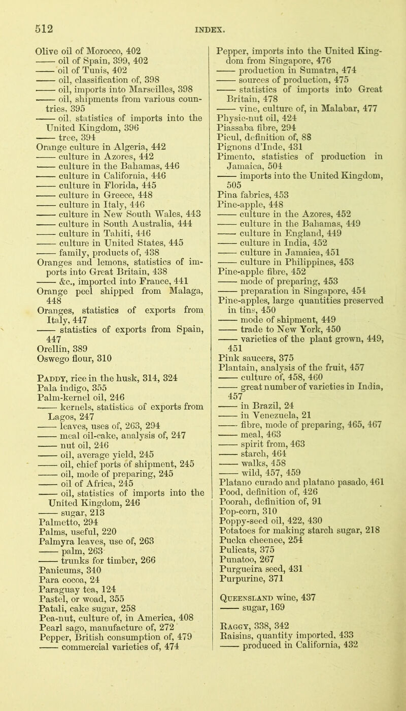 Olive oil of Morocco, 402 oil of Spain, 399, 402 oil of Tunis, 402 oil, classification of, 398 oil, imports into Marseilles, 398 oil, shipments from various coun- tries, 395 oil, statistics of imports into the United Kingdom, 396 tree, 394 Orange culture in Algeria, 442 culture in Azores, 442 culture in the Bahamas, 446 culture in California, 446 culture in Florida, 445 culture in Greece, 448 culture in Italy, 446 culture in New South Wales, 443 culture in South Australia, 444 culture in Tahiti, 446 culture in United States, 445 family, products of, 438 Oranges and lemons, statistics of im- ports into Great Britain, 438 &c., imported into France, 441 Orange peel shipped from Malaga, 448 Oranges, statistics of exports from Italy, 447 statistics of exports from Spain, 447 Orellin, 389 Oswego flour, 310 Paddy, rice in the husk, 314, 324 Pala indigo, 355 Palm-kernel oil, 246 kernels, statistics of exports from Lagos, 247 leaves, uses of, 263, 294 meal oil-cake, analysis of, 247 nut oil, 246 oil, average yield, 245 oil, chief ports of shipment, 245 oil, mode of preparing, 245 oil of Africa, 245 oil, statistics of imports into the United Kingdom, 246 sugar, 213 Palmetto, 294 Palms, useful, 220 Palmyra leaves, use of, 263 palm, 263 trunks for timber, 266 Panicums, 340 Para cocoa, 24 Paraguay tea, 124 Pastel, or woad, 355 Patali, cake sugar, 258 Pea-nut, culture of, in America, 408 Pearl sago, manufacture of, 272 Pepper, British consumption of, 479 commercial varieties of, 474 Pepper, imports into the United King- dom from Singapore, 476 production in Sumatra, 474 sources of production, 475 statistics of imports into Great Britain, 478 vine, culture of, in Malabar, 477 Physic-nut oil, 424 Piassaba fibre, 294 Picul, definition of, 88 Pignons d’lnde, 431 Pimento, statistics of production in Jamaica, 504 —^— imports into the United Kingdom, 505 Pina fabrics, 453 Pine-apple, 448 culture in the Azores, 452 culture in the Bahamas, 449 culture in England, 449 culture in India, 452 culture in Jamaica, 451 culture in Philippines, 453 Pine-apple fibre, 452 mode of preparing, 453 preparation in Singapore, 454 Pine-apples, large quantities preserved in tins, 450 mode of shipment, 449 trade to New York, 450 varieties of the plant grown, 449, 451 Pink saucers, 375 Plantain, analysis of the fruit, 457 culture of, 458, 460 great number of varieties in India, 457 in Brazil, 24 in Venezuela, 21 fibre, mode of preparing, 465, 467 meal, 463 spirit from, 463 starch, 464 walks, 458 wild, 457, 459 Platano curado and platano pasado, 461 Pood, definition of, 426 Poorah, definition of, 91 Pop-corn, 310 Poppy-seed oil, 422, 430 Potatoes for making starch sugar, 218 Pucka cheenee, 254 Pulicats, 375 Punatoo, 267 Purgueira seed, 431 Purpurine, 371 Queensland wine, 437 sugar, 169 Eaggt, 338, 342 Kaisins, quantity imported, 433 produced in California, 432