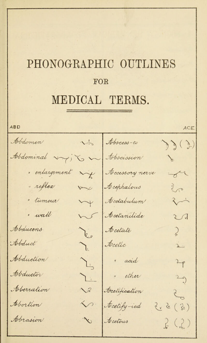 PHONOGRAPHIC OUTLINES FOE MEDICAL TERMS. /ABD ^CE ^y^cLorniyn^cil V3 ^  yt-e^l&<x/  '(2(yrru>uJi' ^^^<Luyctiori J^'l/xitocC^v J‘^(heAAAZ^.4?n/ V'Xytum/' 'v—^ X \ x;? X - Co J^>'(yiycu>4<'Ori' J^cce^cA/y -rv^ve' c^'jkAxvlcu'C-a c^&taJ/<A^con7v'' c^^^cLm-ctc^Lc' J^cetcvtc/ t^cctio T clcccL j4> cct^ix^ \ ? ^y:l li ^ C '^ ) i- (i.)