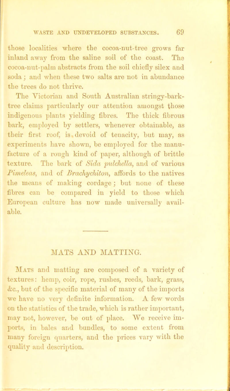 those localities where the cocoa-nut-tree grows far inland away from the saline soil of the coast. The cocoa-nut-palm abstracts from the soil chiefly silex and soda; and when these two salts are not in abundance the trees do not thrive. The Victorian and South Australian stringy-bark- tree claims particularly our attention amongst those indigenous plants yielding fibres. The thick fibrous bark, employed by settlers, whenever obtainable, as their first roof, is,devoid of tenacity, but may, as experiments have shown, be employed for the manu- facture of a rough kind of paper, although of brittle texture. The bark of Sida pulchella, and of various Pimeleas, and of Brachychiton, affords to the natives the means of making cordage; but none of these fibres can be compared in yield to those which European culture has now made universally avail- able. MATS AND MATTING. Mats and matting are composed of a variety of textures: hemp, coir, rope, rushes, l’eeds, bark, grass, &c., but of the specific material of many of the imports we have no very definite information. A few words on the statistics of the trade, which is rather important, may not, however, be out of place. We receive im- ports, in bales and bundles, to some extent from many foreign quarters, and the prices vary with the quality and description.