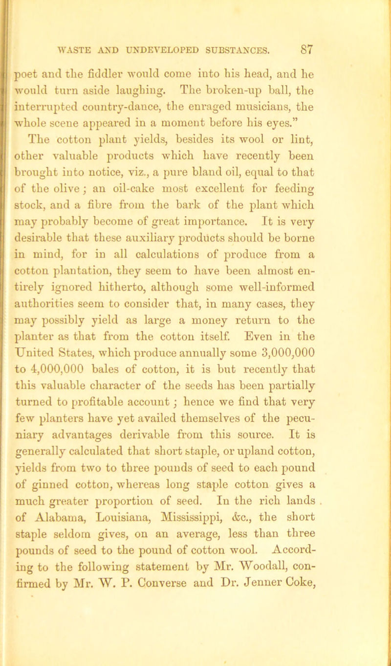 poet and tlie fiddler would come into his head, and he would turn aside laughing. The broken-up ball, the interrupted country-dance, the enraged musicians, the whole scene appeared in a moment before his eyes.” The cotton plant yields, besides its wool or lint, other valuable products which have recently been brought into notice, viz., a pure bland oil, equal to that of the olive; an oil-cake most excellent for feeding stock, and a fibre fi’om the bark of the plant which may probably become of great importance. It is very desirable that these auxiliary products should be borne in mind, for in all calculations of produce from a cotton plantation, they seem to have been almost en- tirely ignored hitherto, although some well-informed authorities seem to consider that, in many cases, they may possibly yield as large a money return to the planter as that from the cotton itself. Even in the United States, which produce annually some 3,000,000 to 4,000,000 bales of cotton, it is but recently that this valuable character of the seeds has been partially turned to profitable account; hence we find that very few planters have yet availed themselves of the pecu- niary advantages derivable from this source. It is generally calculated that short staple, or upland cotton, yields from two to three pounds of seed to each pound of ginned cotton, whereas long staple cotton gives a much greater proportion of seed. In the rich lands of Alabama, Louisiana, Mississippi, &c., the short staple seldom gives, on an average, less than three pounds of seed to the pound of cotton wool. Accord- ing to the following statement by Mr. Woodall, con- firmed by Mr. W. P. Converse and Dr. Jermer Coke,