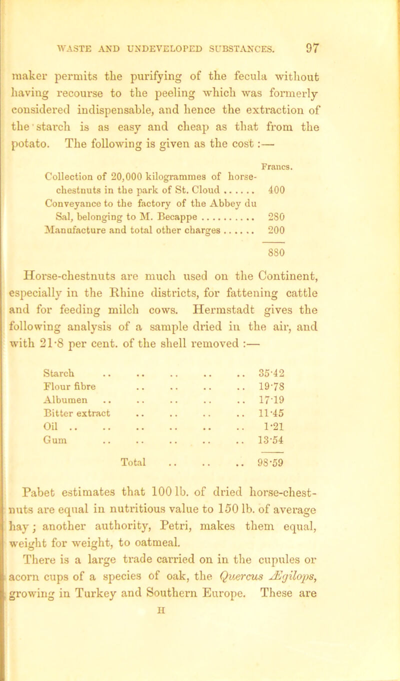 maker permits the purifying of the fecula without having recourse to the peeling which was formerly considered indispensable, and hence the extraction of the' starch is as easy and cheap as that from the potato. The following is given as the cost:— Francs. Collection of 20,000 kilogrammes of horse- chestnuts in the park of St. Cloud 400 Conveyance to the factory of the Abbey du Sal, belonging to M. Becappe 280 Manufacture and total other charges 200 880 Horse-chestnuts are much used on the Continent, especially in the Rhine districts, for fattening cattle and for feeding milch cows. Hermstadt gives the following analysis of a sample dried in the air, and with 2T8 per cent, of the shell removed Starch .. .. .. .. .. 3542 Flour fibre .. .. .. .. 19-78 Albumen .. .. .. .. .. 17'19 Bitter extract .. .. .. .. 11-45 Oil 1-21 Gum 13-54 Total 98-59 Pabet estimates that 100 lb. of dried horse-chest- nuts are equal in nutritious value to 150 lb. of average hay; another authority, Petri, makes them equal, weight for weight, to oatmeal. There is a large trade carried on in the cupules or acorn cups of a species of oak, the Quercus JEgilops, growing in Turkey and Southern Europe. These are h