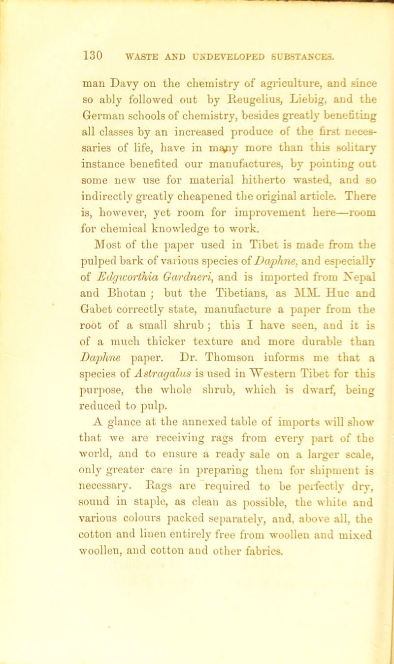 man Davy on the chemistry of agriculture, and since so ably followed out by Beugelius, Liebig, and the German schools of chemistry, besides greatly benefiting all classes by an increased produce of the first neces- saries of life, have in ms^iy more than this solitary instance benefited our manufactures, by pointing out some new use for material hitherto wasted, and so indirectly greatly cheapened the original article. There is, however, yet room for improvement here—room for chemical knowledge to work. Most of the paper used in Tibet is made from the pulped bark of various species of Dcvpline, and especially of Edgicorthia Gardneri, and is imported from Xepal and Bhotan ; but the Tibetians, as MM. Hue and Gabet correctly state, manufacture a paper from the root of a small shrub ; this I have seen, and it is of a much thicker texture and more durable than Daphne paper. Dr. Thomson informs me that a species of Astragalus is used in Western Tibet for this purpose, the whole shrub, which is dwarf, being reduced to pulp. A glance at the annexed table of imports will show that we are receiving rags from every part of the world, and to ensure a ready sale on a larger scale, only greater care in preparing them for shipment is necessary. Bags are required to be perfectly dry, sound in staple, as clean as possible, the white and various colours packed separately, and. above all, the cotton and linen entirely free from woollen and mixed woollen, and cotton and other fabrics.