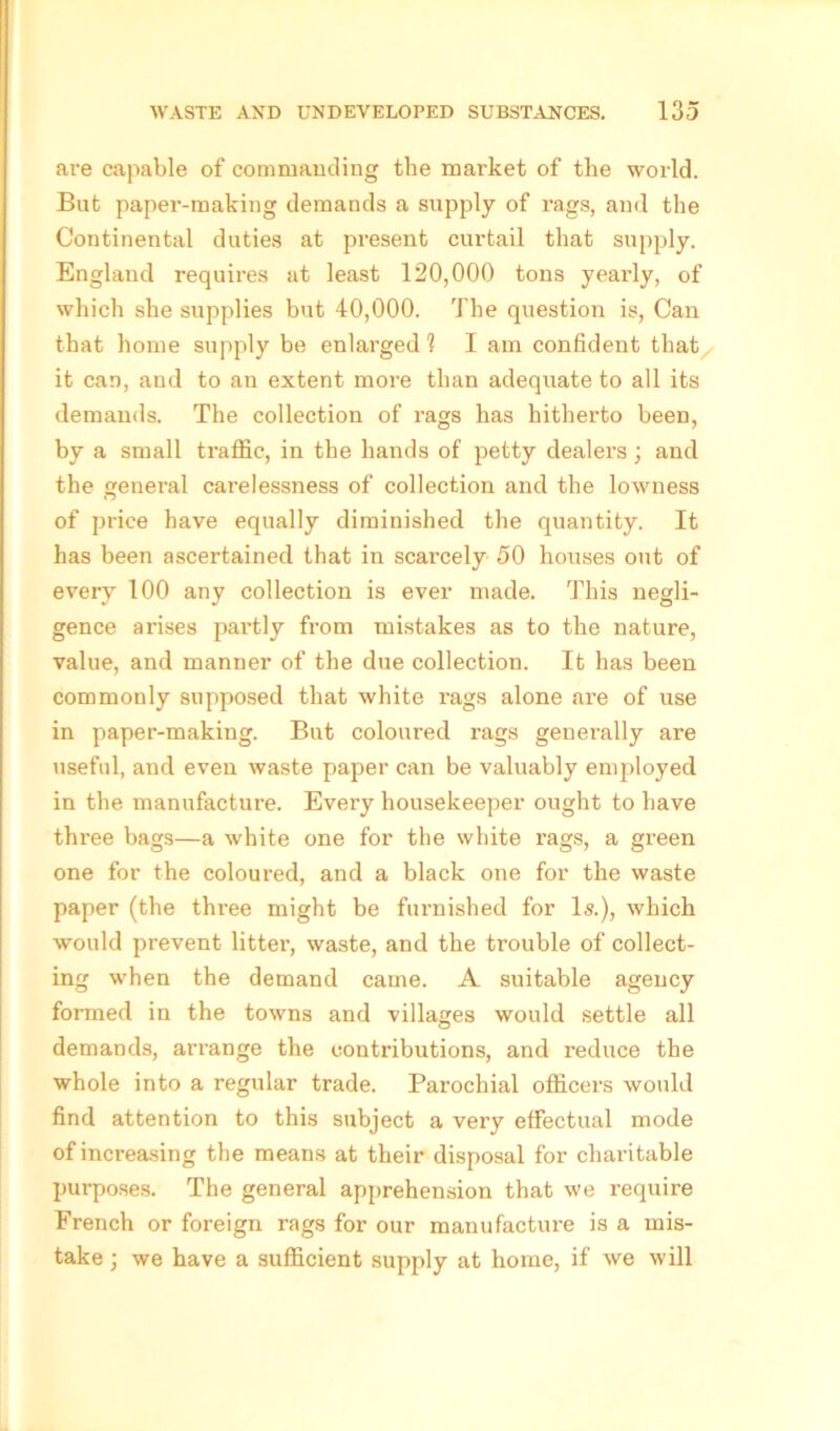 are capable of commanding the market of the world. But paper-making demands a supply of rags, and the Continental duties at present curtail that supply. England requires at least 120,000 tons yearly, of which she supplies but 40,000. The question is, Can that home supply be enlarged 1 I am confident that it can, and to an extent more than adequate to all its demands. The collection of rags has hitherto been, by a small traffic, in the hands of petty dealers; and the general carelessness of collection and the lowness of price have equally diminished the quantity. It has been ascertained that in scarcely 50 houses out of every 100 any collection is ever made. This negli- gence arises partly from mistakes as to the nature, value, and manner of the due collection. It has been commonly supposed that white rags alone are of use in paper-making. But coloured rags generally are useful, and even waste paper can be valuably employed in the manufacture. Every housekeeper ought to have three bags—a white one for the white rags, a green one for the coloured, and a black one for the waste paper (the three might be furnished for Is.), which would prevent litter, waste, and the trouble of collect- ing when the demand came. A suitable agency formed in the towns and villages would settle all demands, arrange the contributions, and reduce the whole into a regular trade. Parochial officers would find attention to this subject a very effectual mode of increasing the means at their disposal for charitable purposes. The general apprehension that we require French or foreign rags for our manufacture is a mis- take ; we have a sufficient supply at home, if we will