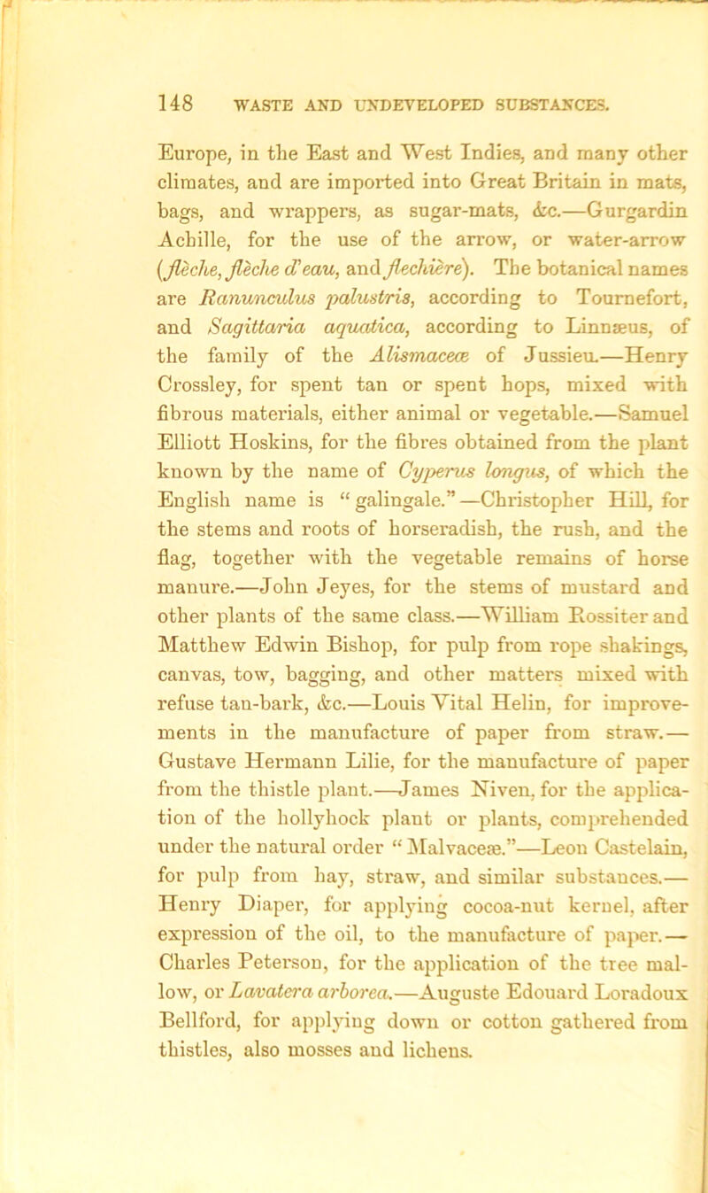 Europe, in the East and West Indies, and many other climates, and are imported into Great Britain in mats, bags, and wrappers, as sugar-mats, Ac.—Gurgardin Achille, for the use of the arrow, or water-arrow (jleche, Jleche d'eau, and Jlechiere). The botanical names are Ranunculus palustris, according to Tournefort, and Sagittaria aquatica, according to Linnaeus, of the family of the Alismacece of Jussieu.—Henry Crossley, for spent tan or spent hops, mixed with fibrous materials, either animal or vegetable.—Samuel Elliott Hoskins, for the fibres obtained from the plant known by the name of Cyperus longus, of which the English name is “ galingale.” —Christopher Hill, for the stems and roots of horseradish, the rush, and the flag, together with the vegetable remains of horse manure.—John Jeyes, for the stems of mustard and other plants of the same class.—William Bossiter and Matthew Edwin Bishop, for pulp from rope shakings, canvas, tow, bagging, and other matters mixed with refuse tan-bai’k, &c.—Louis Vital Helin, for improve- ments in the manufacture of paper from straw.— Gustave Hermann Lilie, for the manufacture of paper from the thistle plant.—James Niven, for the applica- tion of the hollyhock plant or plants, comprehended under the natural order “ Malvaceae.”—Leon Castelain, for pulp from hay, straw, and similar substances.— Henry Diaper, for applying cocoa-nut kernel, after expression of the oil, to the manufacture of paper.— Charles Peterson, for the application of the tree mal- low, or Lavatera arborea.—Auguste Edouard Loradoux Bedford, for applying down or cotton gathered from thistles, also mosses and lichens.