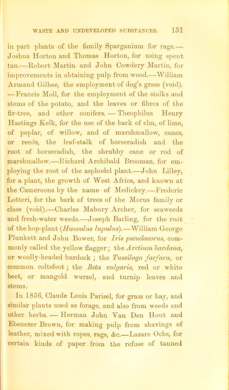 in part plants of the family Sparganium for rags.— Joshua Horton and Thomas Horton, for using spent tan.—Robert Martin and John Cowdery Martin, for improvements in obtaining pulp from wood.—William Armand Gilbee, the employment of dog’s grass (void). —Francis Moll, for the employment of the stalks and stems of the potato, and the leaves or fibres of the fir-tree, and other conifers. — Theophilus Henry Hastings Kelk, for the use of the bark of elm, of lime, of poplar, of willow, and of marshmallow, canes, or reeds, the leaf-stalk of horseradish and the root of horseradish, the shrubby cane or rod of marshmallow.—Richard Archibald Brooman, for em- ploying the root of the asphodel plant.—John Lilley, for a plant, the growth of West Africa, and known at the Cameroons by the name of Medickey.—Frederic Lotteri, for the bark of trees of the Morns family or class (void).—Charles Mabury Archer, for seaweeds and fresh-water weeds.—Joseph Bailing, for the root of the hop-plant (Humulus lupulus).—William George Plunkett and John Bower, for Iris pseudacorus, com- monly called the yellow flagger; the Arctium bardana, or woolly-headed burdock ; the Tussilago farfara, or common coltsfoot ; the Beta vulgaris, red or white beet, or mangold wurzel, and turnip leaves and stems. In 1856, Claude Louis Parisel, for grass or hay, and similar plants used as forage, and also from weeds and other herbs. — Herman John Van Den Hout and Ebenezer Brown, for making pulp from shavings of leather, mixed with ropes, rags, &c.—Lazare Ochs, for certain kinds of paper from the refuse of tanned