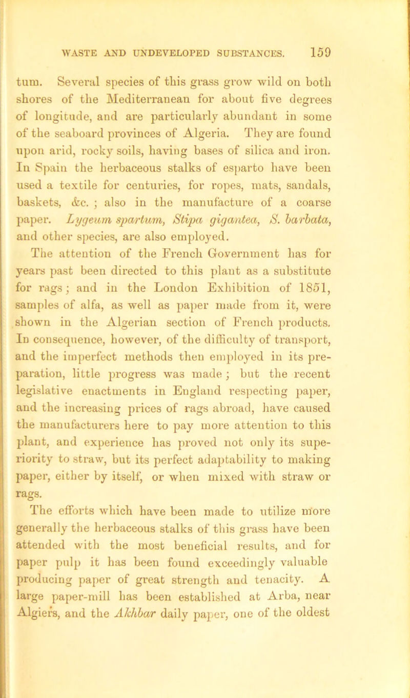 turn. Several species of this grass grow wild on both shores of the Mediterranean for about five degrees of longitude, and are particularly abundant in some of the seaboard provinces of Algeria. They are found upon arid, rocky soils, having bases of silica and iron. In Spain the herbaceous stalks of esparto have been used a textile for centuries, for ropes, mats, sandals, baskets, &e. ; also in the manufacture of a coarse paper. Lygeutn spartum, Stipa gigantea, 3. barbata, and other species, are also employed. The attention of the French Government has for years past been directed to this plant as a substitute for rags; and in the London Exhibition of 1851, samples of alfa, as well as paper made from it, were shown in the Algerian section of French products. Id consequence, however, of the difficulty of transport, and the imperfect methods then employed in its pre- paration, little progress was made; but the recent legislative enactments in England respecting paper, and the increasing prices of rags abroad, have caused the manufacturers here to pay more attention to this plant, and experience has proved not only its supe- riority to straw, but its perfect adaptability to making paper, either by itself, or when mixed with straw or rags. The efforts which have been made to utilize more generally the herbaceous stalks of this grass have been attended with the most beneficial results, and for paper pulp it has been found exceedingly valuable producing paper of great strength and tenacity. A large paper-mill has been established at Arba, near Algiers, and the Akhbar daily paper, one of the oldest