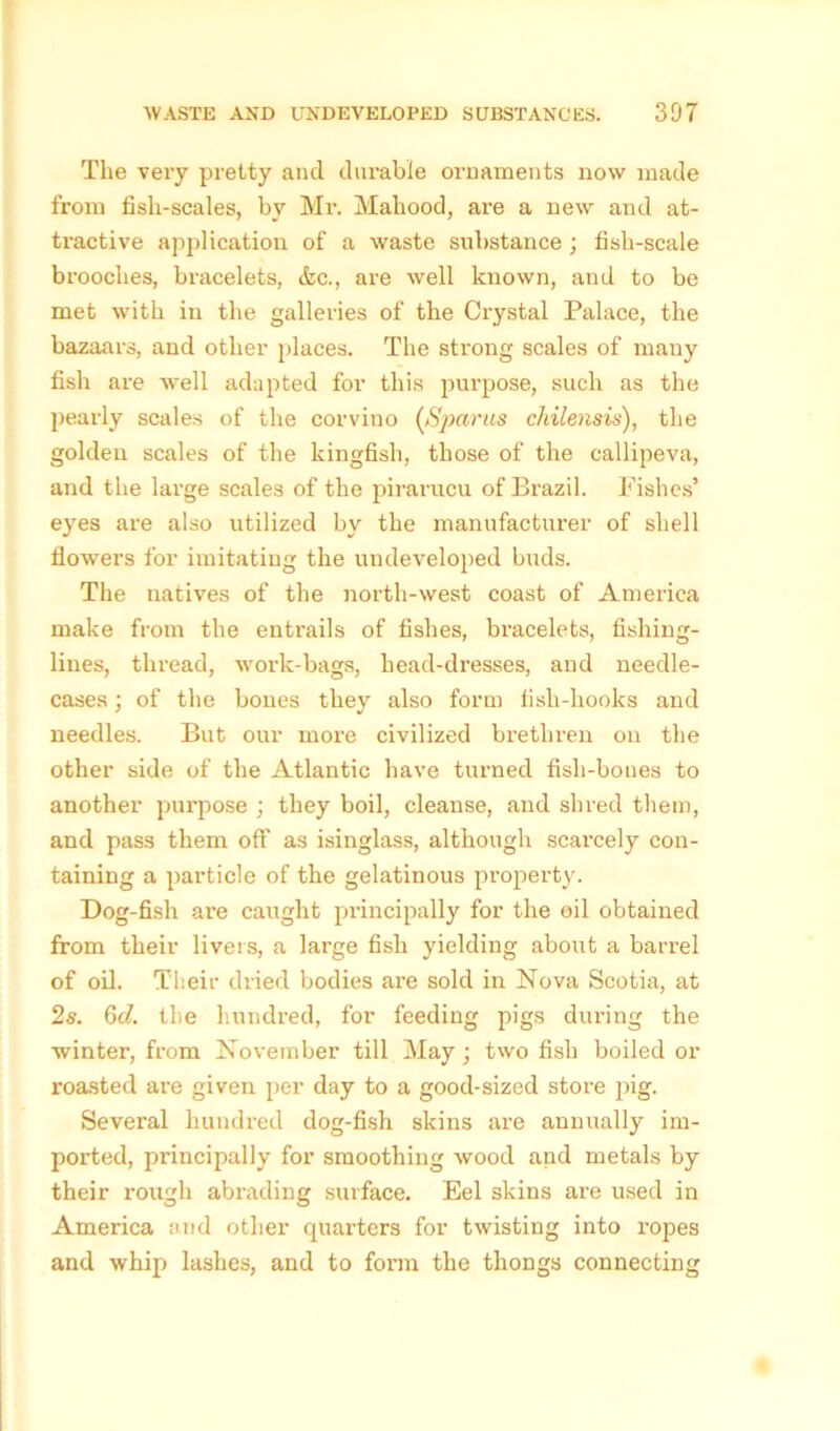 The very pretty and durable ornaments now made from fish-scales, by Mr. Mahood, are a new and at- tractive application of a waste substance ; fish-scale brooches, bracelets, etc., are well known, and to be met with in the galleries of the Crystal Palace, the bazaars, and other places. The strong scales of many fish are well adapted for this purpose, such as the pearly scales of the corviuo (Sparus cliilensis), the golden scales of the kingfish, those of the callipeva, and the large scales of the pirarucu of Brazil. Fishes’ eyes are also utilized by the manufacturer of shell flowers for imitating the undeveloped buds. The natives of the north-west coast of America make from the entrails of fishes, bracelets, fishing- lines, thread, work-bags, head-dresses, and needle- cases ; of the bones they also form fish-hooks and needles. But our more civilized brethren on the other side of the Atlantic have turned fish-bones to another purpose ; they boil, cleanse, and shred them, and pass them off as isinglass, although scarcely con- taining a particle of the gelatinous property. Dog-fish are caught principally for the oil obtained from their livers, a large fish yielding about a barrel of oil. Their dried bodies are sold in Nova Scotia, at 2s. Qd. the hundred, for feeding pigs during the winter, from November till May; two fish boiled or roasted are given per day to a good-sized store pig. Several hundred dog-fish skins are annually im- ported, principally for smoothing wood and metals by their rough abrading surface. Eel skins are used in America and other quarters for twisting into ropes and whip lashes, and to form the thongs connecting