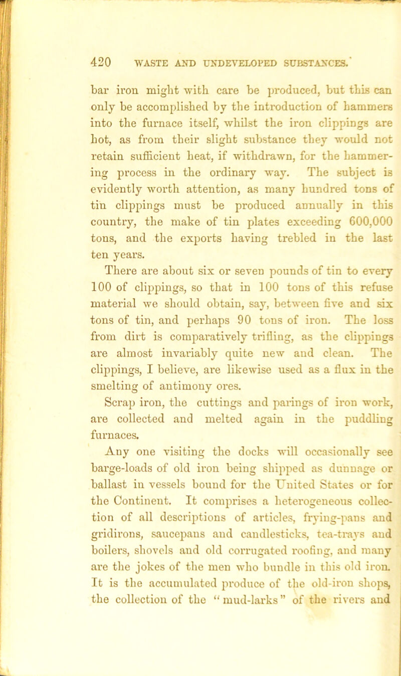 bai’ iron might with care be produced, but this can only be accomplished by the introduction of hammers into the fui'nace itself, whilst the iron clippings are hot, as from their slight substance they would not retain sufficient heat, if withdrawn, for the hammer- ing process in the ordinary way. The subject is evidently worth attention, as many hundred tons of tin clippings must be produced annually in this country, the make of tin plates exceeding 600,000 tons, and the exports having trebled in the last ten years. There are about six or seven pounds of tin to every 100 of clippings, so that in 100 tons of this refuse material we should obtain, say, between five and six tons of tin, and perhaps 90 tons of iron. The loss from dirt is comparatively trifling, as the clippings are almost invariably quite new and clean. The clippings, I believe, are likewise used as a flux in the smelting of antimony ores. Scrap iron, the cuttings and parings of iron work, are collected and melted again in the puddling furnaces. Any one visiting the docks will occasionally see barge-loads of old iron being shipped as dunnage or ballast in vessels bound for the United States or for the Continent. It comprises a heterogeneous collec- tion of all descriptions of articles, frying-pans and gridirons, saucepans and candlesticks, tea-trays and boilers, shovels and old corrugated roofing, and many are the jokes of the men who bundle in this old iron. It is the accumulated produce of the old-iron shops, the collection of the “ mud-larks ” of the rivers and