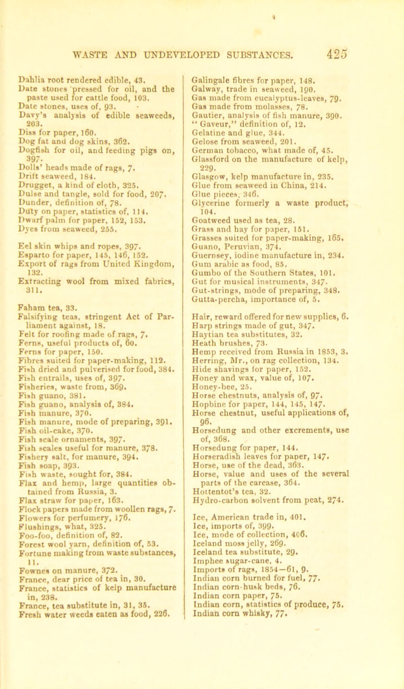 Dahlia root rendered edible, 43. Date stones pressed for oil, and the paste used for cattle food, 103. Date stones, uses of, 93. Davy’s analysis of edible seaweeds, 203. Diss for paper, 160. Dog fat and dog skins, 362. Dogfish for oil, and feeding pigs on, 397. Dolls’ heads made of rags, 7* Drift seaweed, 184. Drugget, a kind of cloth, 325. Dulse and tangle, sold for food, 207. Dunder, definition of, 78. Duty on paper, statistics of, 114. Dwarf palm for paper, 152, 153. Dyes from seaweed, 255. Eel skin whips and ropes, 397. Esparto for paper, 145, 146, 152. Export of rags from United Kingdom, 132. Extracting wool from mixed fabrics, 311. Faham tea, 33. Falsifying teas, stringent Act of Par- liament against, 18. Felt for roofing made of rags, 7» Ferns, useful products of, 6o. Ferns for paper, 150. Fibres suited for paper-making, 112. Fish dried and pulverised for food, 384. Fish entrails, uses of, 397. Fisheries, waste from, 369. Fish guano, 381. Fish guano, analysis of, 384. Fish manure, 370. Fish manure, mode of preparing, 391. Fish oil-cake, 3/0. Fish scale ornaments, 397* Fish scales useful for manure, 3/8. Fishery salt, for manure, 394. Fish soap, 393. Fish waste, sought for, 384. Flax and hemp, large quantities ob- tained from Russia, 3. Flax straw for paper, 163. Flock papers made from woollen rags, 7* Flowers for perfumery, 1/6, Flushings, what, 325. Foo-foo, definition of, 82. Forest wool yarn, definition of, 53. Fortune making from waste substances, 11. Fownes on manure, 372. France, dear price of tea in, 30. France, statistics of kelp manufacture in, 238. France, tea substitute in, 31, 35. Fresh water weeds eaten as food, 226. GalingaJe fibres for paper, 148. Galway, trade in seaweed, 190. Gas made from eucalyptus-leaves, 79. Gas made from molasses, 78. Gautier, analysis of fish manure, 390. “ Gaveur,” definition of, 12. Gelatine and glue, 344. Gelose from seaweed, 201. German tobacco, what made of, 45. Glassford on the manufacture of kelp, 229. Glasgow, kelp manufacture in, 235. Glue from seaweed in China, 214. Glue pieces. 346. Glycerine formerly a waste product, 104. Goatweed used as tea, 28. Grass and hay for paper, 151. Grasses suited for paper-making, 165. Guano, Peruvian, 374. Guernsey, iodine manufacture in, 234. Gum arabic as food, 85. Gumbo of the Southern States, 101. Gut for musical instruments, 347- Gut-strings, mode of preparing, 348. Gutta-percha, importance of, 5. Hair, reward offered for new supplies, 6. Harp strings made of gut, 347. Haytian tea substitutes, 32. Heath brushes, 73* Hemp received from Russia in 1853, 3. Herring, Mr., on rag collection, 134. Hide shavings for paper, 152. Honey and wax, value of, 107. Honey-bee, 25. Horse chestnuts, analysis of, 9/. Hopbine for paper, 144, 145, 147. Horse chestnut, useful applications of, 96. Horsedung and other excrements, use of, 368. Horsedung for paper, 144. Horseradish leaves for paper, 147. Horse, use of the dead, 363. Horse, value and uses of the several parts of the carcase, 364. Hottentot’s tea, 32. Hydro-carbon solvent from peat, 274. Ice, American trade in, 401. Ice, imports of, 399* Ice, mode of collection, 406. Iceland moss jelly, 269. Iceland tea substitute, 29. Imphee sugar-cane, 4. Imports of rags, 1854 — 61, 9- Indian corn burned for fuel, 77* Indian corn-husk beds, 76. Indian corn paper, 75. Indian corn, statistics of produce, 75. Indian corn whisky, 77.