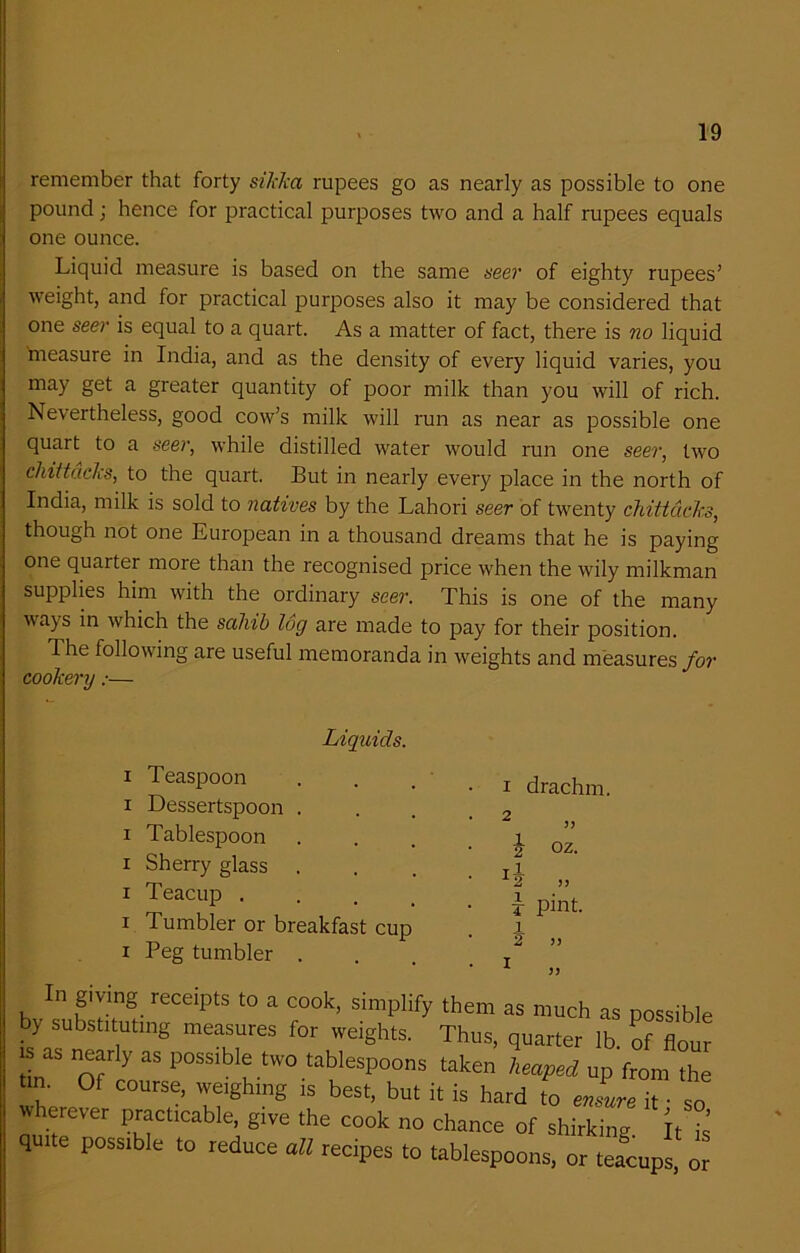 remember that forty sikka rupees go as nearly as possible to one pound; hence for practical purposes two and a half rupees equals one ounce. Liquid measure is based on the same seer of eighty rupees’ weight, and for practical purposes also it may be considered that one seer is equal to a quart. As a matter of fact, there is no liquid measure in India, and as the density of every liquid varies, you may get a greater quantity of poor milk than you will of rich. Nevertheless, good cow’s milk will run as near as possible one quart to a seer, while distilled water would run one seer, two chittdcks, to the quart. But in nearly every place in the north of India, milk is sold to natives by the Lahori seer of twenty chittdcks, though not one European in a thousand dreams that he is paying one quarter more than the recognised price when the wily milkman supplies him with the ordinary seer. This is one of the many \\a)s in which the sahib log are made to pay for their position. The following are useful memoranda in weights and measures for cookery:— Liquids. i Teaspoon • . . . i drachm, i Dessertspoon . . 2 i Tablespoon i Sherry glass . . . x j. i drachm.