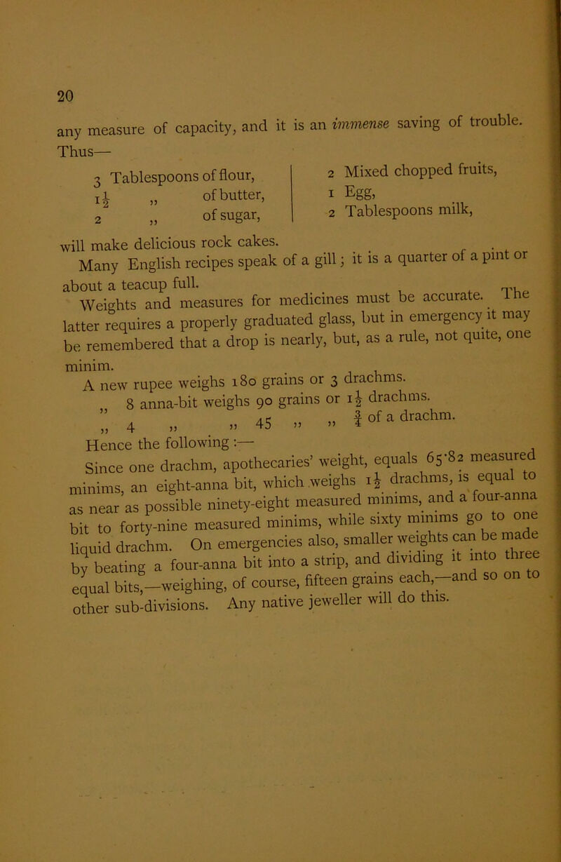 any measure of capacity, and it is an immense saving of trouble. Thus— 2 Mixed chopped fruits, 1 Egg, 2 Tablespoons milk, 3 Tablespoons of flour, „ of butter, 2 „ of sugar, will make delicious rock cakes. . Many English recipes speak of a gill; it is a quarter of a pint or about a teacup full. _ Weights and measures for medicines must be accurate. 1 latter requires a properly graduated glass, but in emergency it may be remembered that a drop is nearly, but, as a rule, not quite, one minim. A new rupee weighs 180 grains or 3 drachms. 8 anna-bit weighs 90 grains or drachms. ’’ 4 „ „ 45 » » I of a drachm. Hence the following Since one drachm, apothecaries’ weight, equals 65-82 measure minims, an eight-anna bit, which weighs i* drachms is equa as near as possible ninety-eight measured minims, and a four-ann bit to forty-nine measured minims, while sixty minims go to one liquid drachm. On emergencies also, smaller weights can be made by beating a four-anna bit into a strip, and dividing it into thre equ^Urits^—weighing, of course, fifteen grains each -and so on to other sub-divisions. Any native jeweller will do this.