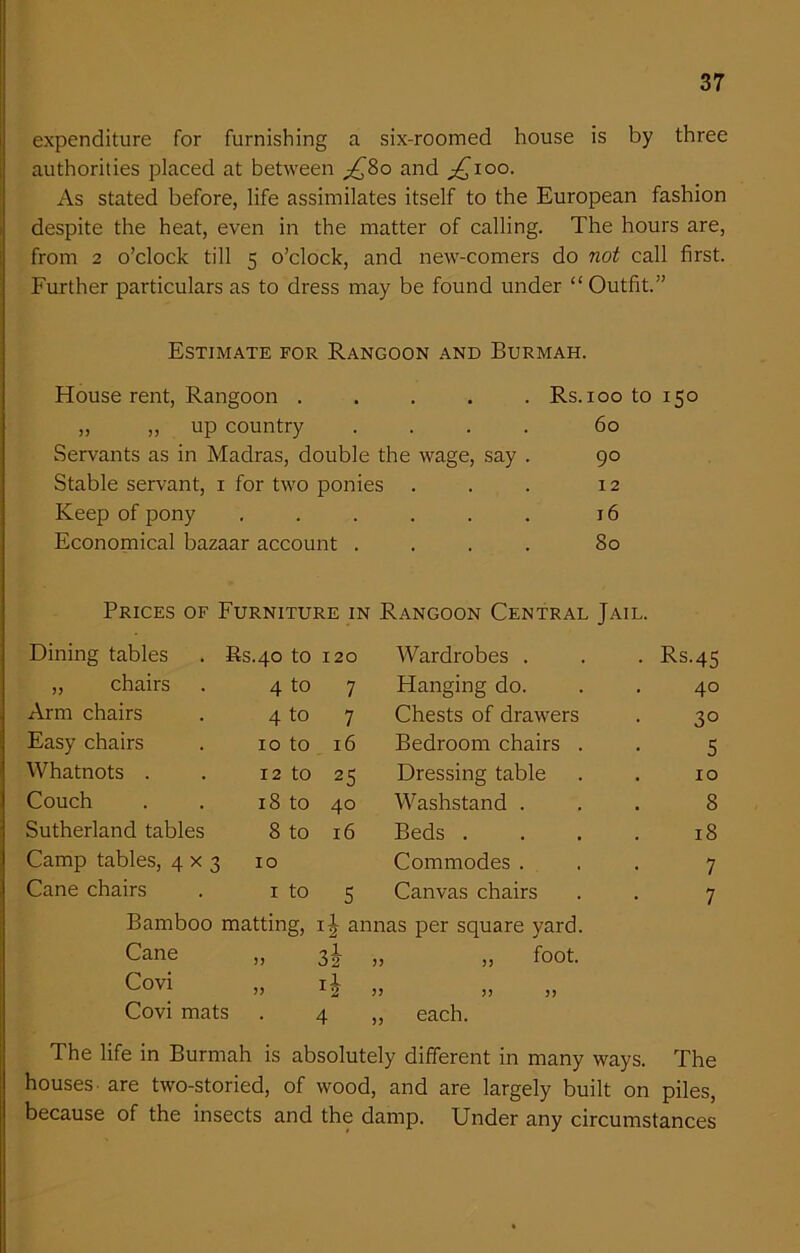 expenditure for furnishing a six-roomed house is by three authorities placed at between £80 and j£ioo. As stated before, life assimilates itself to the European fashion despite the heat, even in the matter of calling. The hours are, from 2 o’clock till 5 o’clock, and new-comers do not call first. Further particulars as to dress may be found under “ Outfit.” Estimate for Rangoon and Burmah. House rent, Rangoon .... ,, ,, up country Servants as in Madras, double the wage, say Stable servant, 1 for two ponies Keep of pony ..... Economical bazaar account . Rs.ioo to 150 60 90 12 16 80 Prices of Furniture in Rangoon Central Jail. Dining tables . Rs.40 to 120 Wardrobes . • Rs.45 „ chairs 4 to 7 Hanging do. 40 Arm chairs 4 to 7 Chests of drawers 30 Easy chairs 10 to 16 Bedroom chairs . 5 Whatnots . 12 to 25 Dressing table 10 Couch 18 to 40 Washstand . 8 Sutherland tables 8 to 16 Beds . 18 Camp tables, 4x3 10 Commodes . 7 Cane chairs 1 to 5 Canvas chairs 7 Bamboo matting, ij annas per square yard. Cane n 1 >> 02 „ „ foot. Covi „ ij J) )> Covi mats 4 ,, each. The life in Burmah is absolutely different in many ways. The houses are two-storied, of wood, and are largely built on piles, because of the insects and the damp. Under any circumstances