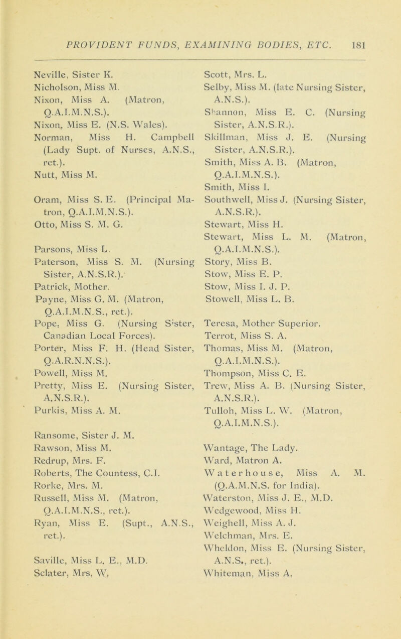 Neville, Sister K. Nicholson, Miss M. Nixon, Miss A. (Matron, O.A.I.M.N.S.). Nixon, Miss E. (N.S. Wales). Norman, Miss H. Campbell (Lady Supt. of Nurses, A.N.S., ret.). Nutt, Miss M. Oram, Miss S. E. (Principal Ma- tron, Q.A.I.M.N.S.). Otto, Miss S. M. G. Parsons, Miss L. Paterson, Miss S. M. (Nursing Sister, A.N.S.R.). Patrick, Mother. Payne, Miss G. M. (Matron, Q.A.I.M.N.S., ret.). Pope, Miss G. (Nursing S'ster, Canadian Local Forces). Porter, Miss F. H. (Head Sister, Q.A.R.N.N.S.). Powell, Miss M. Pretty, Miss E. (Nursing Sister, A.N.S.R.). Purkis, Miss A. M. Ransome, Sister J. M. Rawson, Miss M. Redr up, Mrs. F. Roberts, The Countess, C.I. Rorke, Mrs. M. Russell, Miss M. (Matron, O.A.I.M.N.S., ret.). Ryan, Miss E. (Supt., A.N.S., ret.). Saville, Miss L. E., M.I). Sclater, Mrs, W, Scott, Mrs. L. Selby, Miss M. (late Nursing Sister, A.N.S.). Shannon, Miss E. C. (Nursing Sister, A.N.S.R.). Skillman, Miss J. E. (Nursing Sister, A.N.S.R.). Smith, Miss A. B. (Mat ron. Q.A.I.M.N.S.). Smith, Miss 1. Southwell, Miss J. (Nursing Sister, A.N.S.R.). Stewart, Miss H. Stewart, Miss L. M. (Matron, Q.A.I.M.N.S.). Story, Miss B. Stow, Miss E. P. Stow, Miss I. J. P. Stowell, Miss L. B. Teresa, Mother Superior. Terrot, Miss S. A. Thomas, Miss M. (Matron, Q.A.I.M.N.S.). Thompson, Miss C. E. Trew, xMiss A. B. (Nursing Sister, A.N.S.R.). Tulloh, Miss L. W. (Matron, Q.A.I.M.N.S.). Wantage, The Lad3^ M'ard, Matron A. W a t e r h o Li s c, Miss A. IVl. (O.A.M.N.S. for India). Waterston, iMiss J. E., M.D. Wedgewood, Miss H. Wcighell, Miss A. J. \\'clchman, Mrs. E. Wheldon, Miss E. (Nursing Sister, A.N.S., ret.). Whiteman, Miss A,