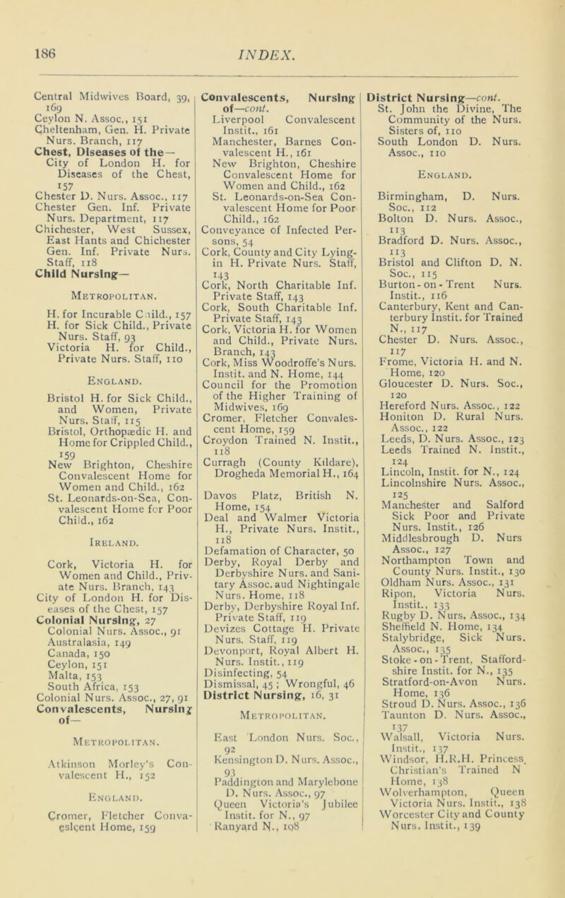 Central Midwives Board, 39, i6g Ceylon N. Assoc., 151 Cheltenham, Gen. H. Private Nurs. Branch, 117 Chest, Diseases of the — City of London H. for Diseases of the Chest, 157 Chester D. Nurs. Assoc., 117 Chester Gen. Inf. Private Nurs. Department, 117 Chichester, West Sussex, East Hants and Chichester Gen. Inf. Private Nurs. Staff, 118 Child Nursings— Metropolitan. H. for Incurable C lild., 157 H. for Sick Child., Private Nurs. Staff, 93 Victoria H. for Child., Private Nurs. Staff, no England. Bristol H. for Sick Child., and Women, Private Nurs. Staff, 115 Bristol, Orthoptedic H. and Home for Crippled Child., 159 New Brighton, Cheshire Convalescent Home for Women and Child., 162 St. Leonards-on-Sea, Con- valescent Home for Poor Child., 162 Ireland. Cork, Victoria H. for Women and Child., Priv- ate Nurs. Branch, 143 City of London H. for Dis- eases of the Chest, 157 Colonial Nursing, 27 Colonial Nurs. Assoc., 91 Australasia, 149 Canada,150 Ceylon, 151 Malta, 153 South Africa, 153 Colonial Nurs. Assoc., 27, 91 Convalescents, Nursing of— Metropolitan. .\tkinson Morley’s Con- valescent H., 152 England. Cromer, P'letcher Conva- eslgent Home, 159 Convalescents, Nursing of—conf. Liverpool Convalescent Instit., 161 Manchester, Barnes Con- valescent H., 161 New Brighton, Cheshire Convalescent Home for Women and Child., 162 St. Leonards-on-Sea Con- valescent Home for Poor Child., 162 Conveyance of Infected Per- sons, 54 Cork, County and City Lying- in H. Private Nurs. Staff, 143 Cork, North Charitable Inf. Private Staff, 143 Cork, South Charitable Inf. Private Staff, 143 Cork, Victoria H. for Women and Child., Private Nurs. Branch,143 Cork, Miss Woodroffe’s Nurs. Instit. and N. Home, 144 Council for the Promotion of the Higher Training of Midwives, 1G9 Cromer, Fletcher Convales- cent Home, 159 Croydon Trained N. Instit., 118 Curragh (County Kildare), Drogheda Memorial H., 164 Davos Platz, British N. Home, 154 Deal and Walmer Victoria H., Private Nurs. Instit., n8 Defamation of Character, 50 Derby, Royal Derby and Derbyshire Nurs. and Sani- tary Assoc.aud Nightingale Nurs. Home, 118 Derby, Derbyshire Royal Inf. Private Staff, 119 Devizes Cottage H. Private Nurs. Staff, 119 Devonport, Royal Albert H. Nurs. Instit., 119 Disinfecting, 54 Dismissal, 45 ; Wrongful, 46 District Nursing, 16, 31 Metropolitan. East 'London Nurs. Soc., 92 Kensington D. Nurs. Assoc., 93 Paddington and Marylebone 1). Nurs. Assoc., 97 Queen Victoria’s Jubilee Instit. for N., 97 Ranyard N-, 108 District Nursing—coni. St. John the Divine, The Community of the Nurs. Sisters of, no South London D. Nurs. Assoc., no England. Birmingham, D. Nurs. Soc., 112 Bolton D. Nurs. Assoc., 113 Bradford D. Nurs. Assoc., 113 Bristol and Clifton D. N. Soc., 115 Burton-on - Trent Nurs. Instit., 116 Canterbury, Kent and Can- terbury Instit, for Trained N., 117 Chester D. Nurs. Assoc., 117 P'rome, Victoria H. and N. Home, 120 Gloucester D. Nurs. Soc., 120 Hereford Nurs. Assoc., 122 Honiton D. Rural Nurs. Assoc., 122 Leeds, D. Nurs. Assoc., 123 Leeds Trained N. instit., 124 Lincoln, Instit. for N., 124 Lincolnshire Nurs. Assoc., 125 Manchester and Salford Sick Poor and Private Nurs. Instit., 126 Middlesbrough D. Nurs Assoc., 127 Northampton Town and County Nurs. Instit., 130 Oldham Nurs. Assoc., 131 Ripon, Victoria Nurs. Instit., 133 Rugby D. Nurs. Assoc., 134 Sheffield N. Home, 134 Stalybridge, Sick Nurs. Assoc., 135 Stoke-on-Trent, Stafford- shire Instit. for N., 135 Stratford-on-Avon Nurs. Home, 136 Stroud D. Nurs. Assoc., 136 Taunton D. Nurs. Assoc., 137 Walsall, Victoria Nurs. Instit., 137 Windsor, II.R.H. Princess_ Christian’s Trained N Home, 138 Wolverhampton, Queen Victoria Nurs. Instit., 138 Worcester City and County Nurs. Instit., 139