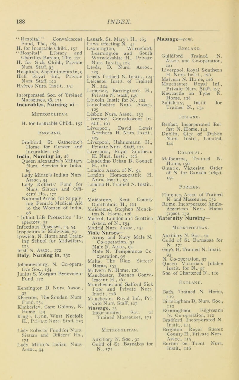 “ Hospital ” Convalescent Fund, The, 183 H. for Incurable Child., 157 “ Hospital ” Library and Charities Bureau, The, 171 H. for Sick Child., Private Nurs. Staff, 93 Hospitals, Appointments in, 9 Hull Royal Inf., Priv'ate Nurs. Staff, 122 Hyeres Nurs. Instit., 151 Incorporated Soc. of Trained Masseuses, 36, 171 Incurables, Nursing of— Metropolitan. H. for Incurable Child., 157 England. Bradford, St. Catherine’s Home for Cancer and Incurables, 158 India, Nursing in, 28 Queen Alexandra's Military Nurs. Service for India, 69 Lady Minto’s Indian Nurs. Assoc., 94 Lady Roberts’ F'und for Nurs. Sisters and Offi- cers’ Hs., 172 National Assoc, for Supply- ing Female Medical Aid to the Women of India, 96 “ Infant Life Protection In- spectors, 31 Infectious Diseases, 53, 54 Inspectors of Midwives, 79 Ipswich, N. Home and Train- ing School for Midwifery, 123 Irish N. Assoc., 172 Italy, Nursing in, 152 Johannesburg, N. Co-opera- tive Soc., 154 Junius S. Morgan Benevolent Fund,172 Kensington D. Nurs. Assoc., 93 Khartum, I he Soudan Nurs. F'und, 154 Kimberley, Cape Colony, N. Home, 154 King’s Lynn, West Norfolk H., Pri\ate Nurs. Staff, 123 Lady Uobcrts’ F'und for Nurs. Sisters and Officers’ Hs., 172 Lady Minto’s Indian Nurs. Assoc., 94 Lanark, St. Mary’s H., 163 Laws affecting N., 44 Leamington, Warneford, Leamington and South Warwickshire H., Private Nurs. Instit., 123 Leeds, D. Nurs. Assoc., 123 Leeds Trained N. Instit., 124 Leicester Instit. of Trained N., 124 Limerick, Barrington’s H., Private N. Staff, 146 Lincoln, Instit. for N., 124 Lincolnshire Nurs. Assoc., 125 Lisbon Nurs. Assoc., 153 Liverpool Convalescent In- stit., 161 Liverpool, David Lewis Northern H. Nurs. Instit., 125 Liverpool, Hahnemann H., Private Nurs. Staff, 125 Liverpool, Royal Southern H. Nurs. Instit., 126 Llandudno Urban D. Council H., 161 London Assoc, of N., 94 London Homceopathic H. Nurs. Instit., 95 London H.Trained N. Instit., 95 Maidstone, Kent County Ophthalmic H., 161 Maidstone, Stephen Monck- ton N. Home, 126 Madrid, London and Scottish Assoc, of N., 154 Madrid Nurs. .Assoc., 154 Male Nurses— Army and Navy Male N. Co-operation, 91 Male N. A.ssoc., 95 Male N. Temperance Co- operation, 95 Malta, The Blue Sisters’ Home, 153 Malvern N. Home, 126 Manchester, Barnes Conva- lescent H., 161 Manchester and Salford Sick Poor and Private Nurs. Instit., 12C Manchester Royal Inf., Pri- vate Nurs. Staff, 127 Massage, 35 Incorporated Soc. of Trained Masseuses, 171 MlCTKOrOI-ITAN. Auxiliary N. Soc., 91 Guild of St. Barnabas for N., 171 Massage—cont. England. Guildford Trained N. Assoc, and Co-operation, 121 Liverpool, Royal Southern H. Nurs. Instit., 126 Malvern N. Home, 126 Manchester Royal Inf., Private Nurs. Staff, 127 Newcastle - on - Tyne N. Home, 128 Salisbury, Instit. for Trained N., 134 Ireland. Belfast, Incorporated Bel- fast N. Home, 142 Dublin, City of Dublin Nurs. Instit., Limited, 144 Colonial. Melbourne, Trained N. Home, 150 Ontario, Victorian Order of N. for Canada (1897), 150 Foreign. Florence, Assoc, of Trained N. and Masseuses, 152 Rome, Incorporated Anglo- American Nurs. Home (1900), 152 Maternity Nursing— Metropolitan. Auxiliary N. Soc., 91 Guild of St. Barnabas for N.. 171 Guy’s H. Trained N. Instit. 93 N. Co-operation, 97 Queen Victoria’s Jubilee Instit. for N., 97 Soc. of Chartered N., no England. Bath, Trained N. Home, 112 Birmingham D. Nurs. Soc., 112 Birmingham, Edgbaston N. Co-operation, 112 Bradford, Incorporated N. Instit., 114 Brighton, Royal Sussex County H., Pri\ ate Nurs. Assoc., 115 Burton - on - Trent Nurs. In.stit., 116