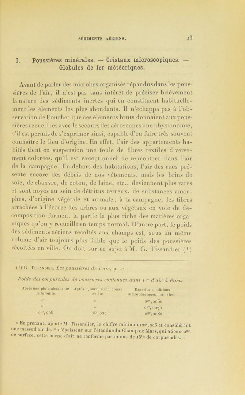 SfeDIMEMS AfiRIENS. I. — Poussieres minerales. — Cristaux microscopiques. — Globules de fer meteoriques. Avant de parler des microbes organises repandus dans les pous- sielres de Fair, il n'est pas sans interet de preciser bri^vemenl la nature des sediments inertes qui en constituent babiliielle- ment les elements les plus abondants. II n’ecbappa pas a I’ob- servation de Poucbet que ces elements bruts donnaient aux pous- sieres recueillies avec le secours des a^roscopes une physionomie, s’il esl permis de s’exprimer ainsi, capable d’en faire tres souvent connaitre le lieu d’origine. En elTel, Fair des appartements ba- bites tient en suspension une foule de fibres textiles diverse- ment colorees, qu’il est exceptionnel de renconlrer dans Fair de la campagne. En debors des habitations, Fair des rues pre- sente encore des debris de nos v^temenls, mais les brins de soie, de cbanvre, de coton, de laine, etc., deviennent plus rares et sont noyes au sein de detritus terreux, de substances amor- pbes, d’origine vegetale et animale; a la campagne, les fibres arracb^es a Fecorce des arbres ou aux vegetaux en voie de de- composition forment la partie la plus riche des matieres orga- niques qu’on y recueille en temps normal. D’autre part, le poids des sediments aeriens recoltes aux champs est, sous un meme volume d’air toujours plus laible que le poids des poussieres recoltees en ville. On doit sur ce sujet a M. G. Tissandier (') (‘) G. Tiss.\NDiEn, Les poussieres de I’air, p. 2 : Poids des corpuscides de poussieres eonlenues dans d'air a. Paris. AprOs unc plulo nbutiilanlc Apris 8 Jours do sichoresso Dans des cundlliona « En prenant, ajoule At. Tissandier, le chiffre minimumoe',006 et eonsiddrant le massed’air deS” d’c'paisseur sur I’liLenduedu Champ de iMars,qui a5ooooo'i : surfaee, celte masse d’air ne renferme pas moins de iSi** de eorpuscules. » do ]q ?eilic. on eto. n o', 006 0»',023 OS', 0060 OB', 0075 OB', 0080