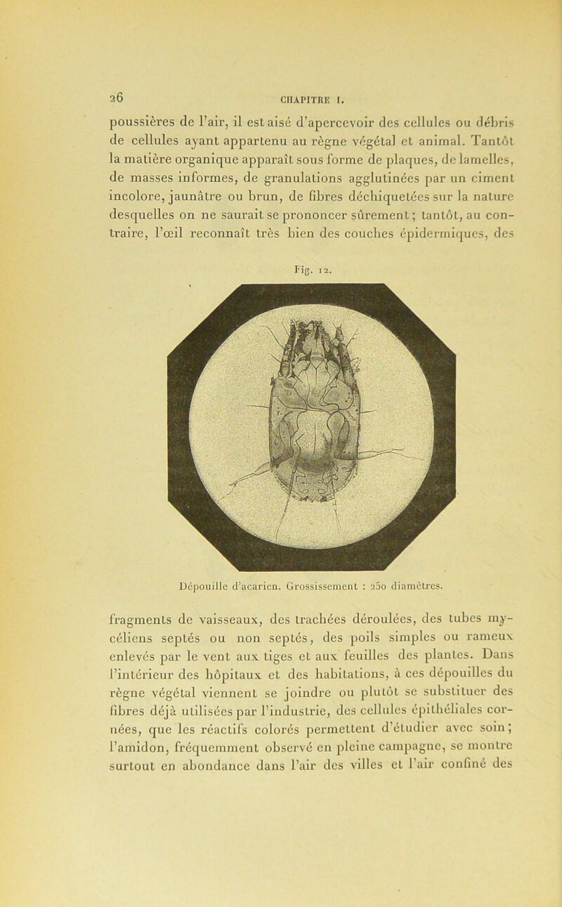 poussieres de I’air, il estaise d’aperccvoir des cellules ou debris de cellules ayant appartenu au r^gne v<5g6Lal ct animal. Tantot la maliere organique apparait sous forme de plaques, de lamellcs, de masses informes, de granulations agglulinees par im ciment incolore, jaunatre ou brun, de fibres dtichiquetdes sur la nature desquelles on ne saurait se prononcer surement; tantot, au con- traire, I’ceil reconnait tres bien des couches epidermiques, des Fi(;. 12. Depouille cl’acaricn. Grossissement : aSo diamelrcs. fragments de vaisseaux, des Lracbees deroulees, des lubes my- celicns seples ou non septes, des polls simples ou rameux enlevds par le vent aux tiges et aux feuilles des plantes. Dans I’interieur des lidpilaux et des habitations, a ces depouillcs du regne vegetal viennent se joindre ou plutot se substiluer des fibres d^ja ulillsdcs par I’indusLrie, des cellules epilheliales cor- ii^es, que les reactifs colores permettent d’eludier avec soin; I’amidon, frequemnient observe en plcine campagne, sc montre surloul en abondance dans I’air des villcs et I’air confind des