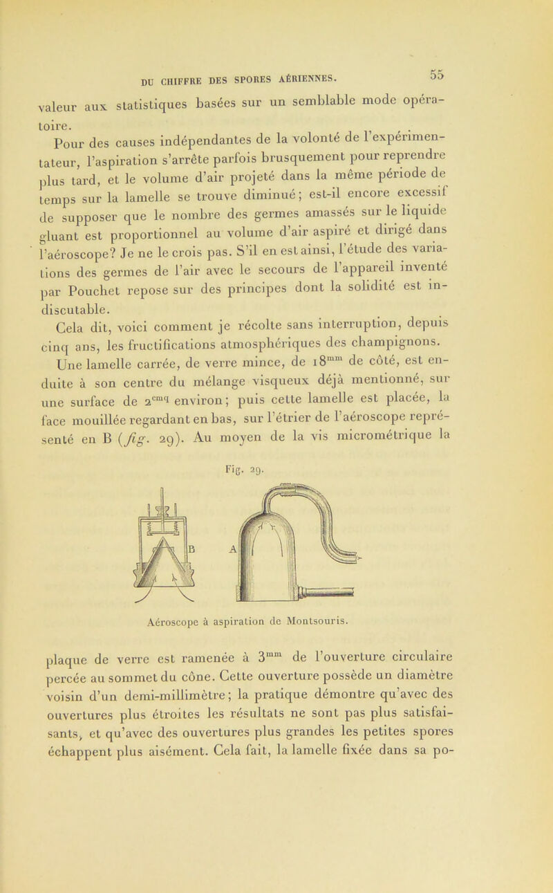 valeur aujs. slalistiques basees sur un semblable mode opera- Pour des causes independanles de la volonle de 1 experimen- laleur, I’aspiration s’arr^te parfois brusquemenl pour reprendre plus tard, et le volume d’air projete dans la meme periode de lemps sur la lamelle se trouve diminue; est-il encore excessil de supposer que le nombre des germes amasses surleliquide gluant est proportionnel au volume d’air aspire et dirige dans I’aeroscope? Je ne le crois pas. S’il en eslainsi, I’elude des varia- tions des germes de I’air avec le secours de I’appareil invente par Poucbet repose sur des principes dont la solidite est in- discutable. Cela dit, voici comment je recolte sans interruption, depuis cinq ans, les fructifications atmospheriques des champignons. Une lamelle carree, de verre mince, de i8““ de cote, est en- duite a son centre du melange visqueux deja mentionne, sui une surface de environ; puis cette lamelle est placee, la face mouillee regardant en has, sur I’etrier de I’aeroscope repre- sente en B {fig. 29). Au moyen de la vis micrometrique la plaque de verre est ramenee a 3““ de I’ouverture circulaire percee au sommetdu cone. Cette ouverture possede un diametre voisin d’un demi-millim6tre; la pratique demontre qu’avec des ouverlures plus etroites les resultats ne sont pas plus satisfai- sants, et qu’avcc des ouvertures plus grandes les petites spores eciiappent plus aisement. Cela fait, la lamelle fixee dans sa po- toire. Fie- 29. Aeroscope i aspiration de Monlsouris.