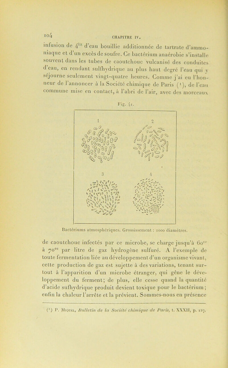 CHAPnni! IV. infusion clc 4'‘‘ d’cau bouillic addllionnce de larirale d’ammo- niaque et d un excesde soufrc. Ce bacleriiim anaerobic s’insLalle •souvenl dans les Lubes de caoutcliouc vulcanise des conduilcs d’eau, en rendanL sulfliydrique au plus haul dcgre I’eau qui v sejourne seulement vingl-quatre lieui-cs. Comme j'ai eu I’lion- neur de I’annoncer a la Societe cliimique de Paris ('), de I'cau commune mise en contact, a 1 abri do Pair, avec des morccauv Fig. 41. 1 2 3 4 ' ' “-V - '^1 Bacl^riums atmospheriques. Grossisscnicnl: 1000 diamclres. de caoutchouc infectes par ce microbe, se charge jusqu’a Go a 70'“ par litre de gaz liydrogene sulfure. A I’exemple de toute fermentation liee au d^veloppement d’un organisme A'ivant, cette production de gaz esL sujelte a des variations, tenant sur- lout a I’apparilion d’un microbe Stranger, qui gene le deve- loppement du ferment; de plus, elle cesse quand la quantile d’acide sufhydrique produit devient loxique pour le bacterium; enfin la chaleur I’arrete el la previent. Sommes-nous en presence (') F. MioauL, Uullctin de la Societe chimique de Paris, 1. \\\1F, p. 137.