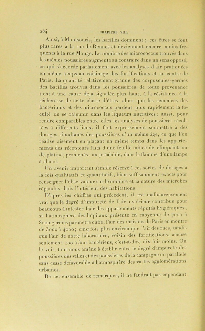 Ainsi, a Monlsouris, les bacilles dominenl ; ces (5tres se foul plus rares a la rue cle Rennes el deviennenl encore moins fre- quents a la rue Mongo. Le nonibre des micrococcus Irouves dans lesmemes poussieres augmente au con Lraire dans un sens oppose, ce qui s’accorde parfailenient avec les analyses d’air pratiquecs en meme temps au voisinage des fortifications el au centre de Paris. La quantile relativement grande des corpuscules-gerrnes des bacilles trouves dans les poussieres de loule provenance dent a une cause deja signalee plus haul, a la resistance a la sedieresse de celte classe d’etres, alors que les semences des bacteriuins el des micrococcus perdent plus rapidemenl la fa- culle de se rajeunir dans les liqueurs nutritives; aussi, pour rendre comparables entre elles les analyses de poussieres recol- lees a differenls lieux, il faul expressement soumetlre a des dosages simultanes des poussieres d’un meme age, ce que Ton realise alsement en placant en meme temps dans les apparte- ments des recepteurs fails d’une feuille mince de clinquant on de platine, promenes, au prealable, dans laflamme d’une lampe a alcool. Un avenir important seinble reserve a ces sorles de dosageis a la Ibis qualilatifs et quanlilalifs, bien suffisamment exacts pour renseigner I’observateur sur le nombre et la nature des microbes repandus dans I’interieur des habitations. D’apres les cbilTres qui precedent, il esl malbeureusemenl vrai que le degre d’impurete de Pair exterieur conlribue pour beaucoup a infester Pair des appartemenls reputes bygieniques ; si Palmospbere des hopitaiix presente en moyenne de 7000 a 8000 germes par metre cube. Pair des maisons de Paris en monlrc de 3ooo a 4000 ; cinq fois plus environ que Pair des rues, tandis que Pair de noire laboratoire, voisin des fortifications, accuse seulement 200 a 3oo bacl4riens, c’esl-a-dire dix fois moms. On le voit, lout nous amene a 4tablir entre le degre d impuretc des poussieres des villeset des poussieres de la campagne un pai allele sans cesse defavorable a Palmospbere des vastes agglomerations urbalnes. De cet ensemble de remarques, il ne faudrait pas cependanl