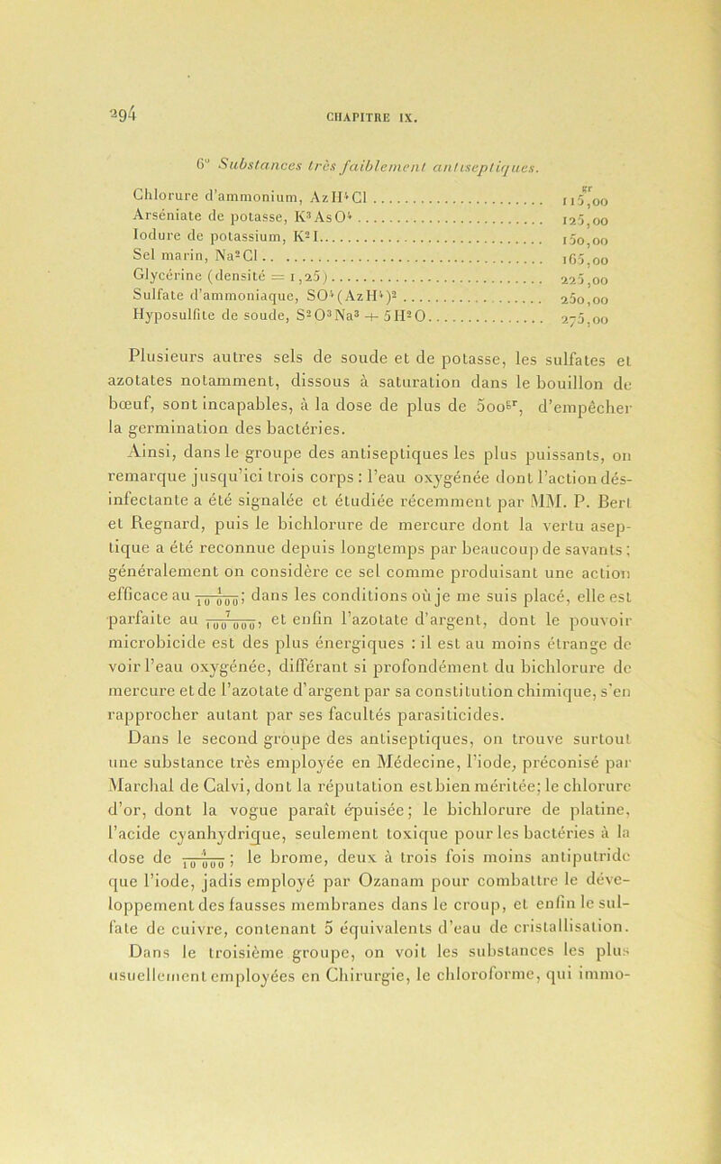 0“ Substances ires faiblement antiscptirjues. Clilorure tl'amnionium, Azri’>Cl Arseniate de potasse, K^AsO^ lodure de potassium, K-I Sel mai'in, Na-CI Glycerine (densite = i,25j Sulfate d’aminoniaque, SO^(AzIG)2 Hyposulfite de soude, S-O^Na^-1-SIGO er I i5,oo I2'i,00 150.00 105.00 225.00 a5o,oo 275.00 Pltisieurs autres sels de soude et de potasse, les sulfates et azotates notamment, dissous a saturation dans le bouillon de bcEuf, sont Incapables, a la dose de plus de SooS^, d’einpecher la germination des bacteries. Ainsi, dansle grotipe des antiseptiques les plus puissants, on reinarque jusqu’iei trois eorps : I’eau oxygenee dont I’actiondes- infectante a ete signalee et ettidiee recemment par iMjM. P. Berl et Regnard, puis le bichlortire de mercure dont la vertu asep- tique a ete reconnue depuis longtemps par beaticoup de savants : generalement on considere ce sel comme produisant une action efficace ati dans les conditions oiije me suis place, elle est parfaite ati nnnnru) enfm I’azotate d’argent, dont le pouvoir microbicide est des plus energiques : il est au moins etrange dc voirl’eati oxygenee, differant si profondement du bichlortire dc mercure etde I’azotate d’argent par sa constitution chimique, s'en rapprocber autant par ses facultes parasiticides. Dans le second groupe des antiseptiques, on trouve surtout une substance tres employee en Medecine, I’iode, preconise par -Marcbal de Calvi, dont la reputation estbien meritee; le clilorure d’or, dont la vogue parait epuisee; le bichlorure de platine, I’acide cyanhydriqtie, seulement toxique pour les bacteries ii la dose de ,^ ^ ; le brome, deux a trois fois moins antiputridc que I’iode, jadis employe par Ozanam pour combattrc le devc- loppement des fausses membranes dans le croup, et enfin le sul- fate de ctiivre, contenant 5 equivalents d’eau de cristallisation. Dans le troisieme groupe, on voit les substances les plus usuellemcnt cirqiloyees en Cbirurgie, le chloroforme, qui immo-