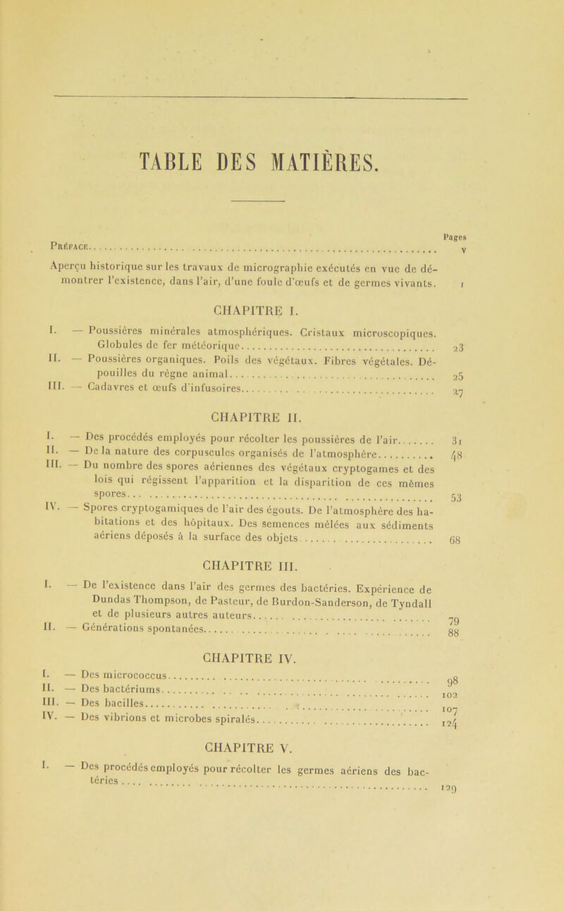 TABLE DES MATIERES. Pages Preface y Apcrcii liistoriqiie sur les Iravaux de micrograpliie exdcuUis en vue de dd- monlrer i’cxisLence, dans Pair, d’une foulc d’ccufs et de gcrmes vivanls. i CIIAPITRE I. I. Poussieres mincralcs aLmospIidriques. Crislaux microscopiqucs. Globules de for melcoriquc 23 If. — Poussieres organiques. Foils des vegdtaux. Fibres vegelales. Dd- pouilles du regne animal 25 III- — Cadavres el oeufs d'infusoires 21 CHAPITRE II. I- n®® procddes employes pour recoller les poussieres de I’air 3i II. — De la nature des corpuscules organisds de I’almosplidre /|8 III. — Du nombre des spores adriennes des vegetaux cryptogames et des lois qui rdgissent I’apparilion et la disparilion de ces mdmes 53 l\ . — Spores cryplogamiques de Fair des egouts. De I’almospherc des ha- bitations et des hopitaux. Des semences melees aux sediments adriens ddposds a la surface des objels 68 CHAPITRE III. I. — De I’existence dans Fair des gcrmes des bactdries. Experience de Dundas Thompson, do Pasteur, de Burdon-Sanderson, de Tyndall el de plusieurs aulres auteurs II. — Gendralions spontanees CIIAPITRE IV. I. — Des micrococcus II. — Des bacldriums HI- ■ Des bacilles . IV. — Des vibrions et microbes spirales CHAPITRE V. I. — Des procddes employes pour recolter les gcrmes adriens des bac- tcrics 129