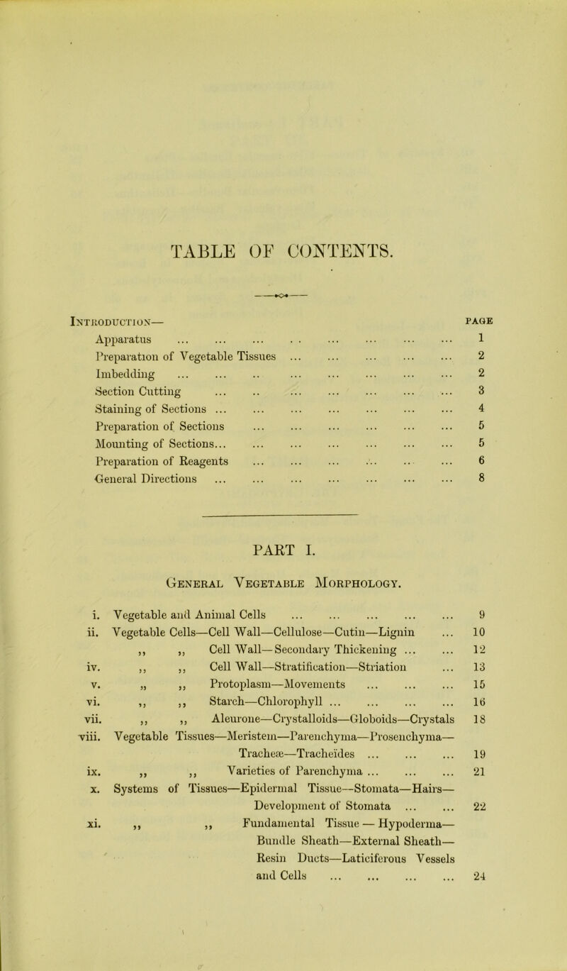 TABLE OF CONTENTS. Introduction— page Apparatus ... ... ... . . ... ... ... 1 1 ^reparation of Vegetable Tissues ... ... ... 2 Imbedding ... ... .. ... ... ... ... ... 2 Section Cutting ... .. ... ... ... ... ... 3 Staining of Sections ... ... ... ... ... ... ... 4 Preparation of Sections ... ... ... ... 5 Mounting of Sections... ... ... ... ... ... ... 5 Preparation of Reagents ... ... ... ... .. ... 6 General Directions ... ... ... ... ... ... ... 8 PART I. General Vegetable Morphology. i. Vegetable and Animal Cells ... ... ... ... ... 9 ii. Vegetable Cells—Cell Wall—Cellulose—Cutin—Lignin ... 10 ,, ,, Cell Wall—Secondary Thickening ... ... 12 iv, ,, ,, Cell Wall—Stratification—Striation ... 13 V. „ ,, Protopla.sni—Movements ... ... ... 15 vi. ,, ,, Starch—Chlorophyll ... ... Id vii. ,, ,, Aleurone—Crystalloids—Globoids—Crystals 18 viii. Vegetable Tissues—Meristem—Parenchyma—Prosenchyma— Trachese—Tracheides 19 ix. ,, 5, Varieties of Parenchyma 21 X. Systems of Tissues—Epidermal Tissue—Stomata—Hairs— Development of Stomata 22 xi. ,, ,, Fundamental Tissue — Hypoderma— Bundle Sheath—External Sheath— Resin Ducts—Laticiferous Vessels and Cells 1 24