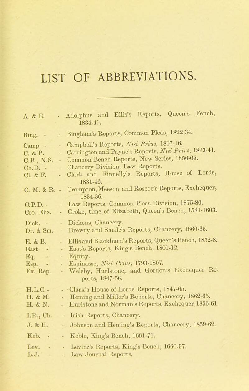 LIST OF ABBREVIATIONS. A. & E. Bing. - Camp. - C. & P. C.B., N.S. Ch.D. - Cl. & F. C. M. & R. C.P.D. - Cro. Eliz. Dick. - Dr. & Sm. E. & B. East Eq. Esp. Ex. Rep. H.L.C. - H. & M. H. & N. I. R., Ch. J. & H. Keb. - Lev. L.J. - Adolphus and Ellis’s Reports, Queen s Pencil, 1834-41. Bingham’s Reports, Common Pleas, 1822-34. Campbell’s Reports, Nisi Prius, 1807-16. Carrington and Payne’s Reports, Nisi Prius, 1823-41. Common Bench Reports, New Series, 1856-65. Chancery Division, Law Reports. Clark and Finnelly’s Reports, House of Lords, 1831-46. Crompton, Meeson, and Roscoe’s Reports, Exchequer, 1834-36. - Law Reports, Common Pleas Division, 1875-80. Croke, time of Elizabeth, Queen’s Bench, 1581-1603. - Dickens, Chancery. - Drewry and Smale’s Reports, Chancery, 1860-65. - Ellis and Blackburn’s Reports, Queen’s Bench, 1852-8. - East’s Reports, King’s Bench, 1801-12. - Equity. - Espinasse, Nisi Prius, 1793-1807. Welsby, Hurlstono, and Gordon’s Exchequer Re- ports, 1847-56. - Clark’s House of Lords Reports, 1847-65. - Homing and Miller’s Reports, Chancery, 1862-65. - Hurlstone and Norman’s Reports, Exchequer,1856-61. - Irish Reports, Chancery. - Johnson and Hcming’s Reports, Chancery, 1859-62. - Keble, King’s Bench, 1661-71. - Levinz’s Reports, King’s Bench, 1660-97. - Law Journal Reports.