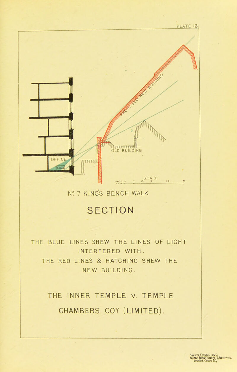 N? 7 KINGS BENCH WALK SECTION THE BLUE LINES SHEW THE LINES OF LIGHT INTERFERED WITH . THE RED LINES & HATCHING SHEW THE NEW BUILDING. THE INNER TEMPLE V. TEMPLE CHAMBERS COY (LIMITED).