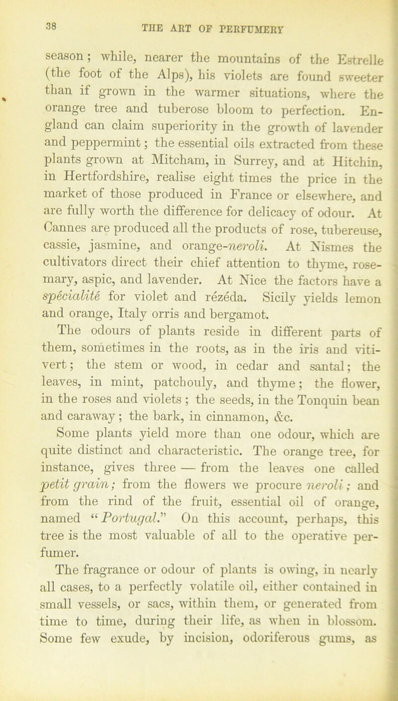 season; while, nearer the mountains of the Estrelle (the foot of the Alps), his violets are found sweeter than if grown in the warmer situations, where the orange tree and tuberose bloom to perfection. En- gland can claim superiority in the growth of lavender and peppermint; the essential oils extracted from these plants grown at Mitcham, in Surrey, and at Hitchin, in Hertfordshire, realise eight times the price in the market of those produced in France or elsewhere, and are fully worth the difference for delicacy of odour. At Cannes are produced all the products of rose, tubereuse, cassie, jasmine, and ovange-neroli. At Nismes the cultivators direct their chief attention to thyme, rose- mary, aspic, and lavender. At Nice the factors have a speciality for violet and rezeda. Sicily yields lemon and orange, Italy orris and bergamot. The odours of plants reside in different parts of them, sometimes in the roots, as in the iris and viti- vert; the stem or wood, in cedar and santal; the leaves, in mint, patchouly, and thyme; the flower, in the roses and violets ; the seeds, in the Ton quin bean and caraway; the bark, in cinnamon, &c. Some plants yield more than one odour, which are quite distinct and characteristic. The orange tree, for instance, gives three — from the leaves one called petit grain; from the flowers we procure neroli; and from the rind of the fruit, essential oil of oransre, named “Portugal? On this account, perhaps, this tree is the most valuable of all to the operative per- fumer. The fragrance or odour of plants is owing, in nearly all cases, to a perfectly volatile oil, either contained in small vessels, or sacs, within them, or generated from time to time, during their life, as when in blossom. Some few exude, by incision, odoriferous gums, as