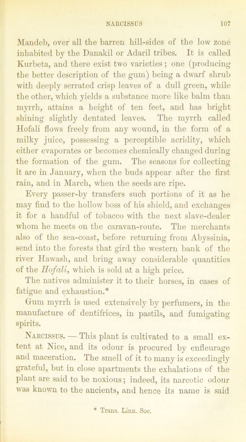 Mandeb, over all the barren bill-sides of the low zone inhabited bj the Danakil or Adaril tribes. It is called Kurbeta, and there exist two varieties ; one (producing the better description of the gum) being a dwarf shrub with deeply serrated crisp leaves of a dull green, while the other, which yields a substance more like balm than myrrh, attains a height of ten feet, and has bright shining slightly dentated leaves. The myrrh called Hofali flows freely from any wound, in the form of a milky juice, possessing a perceptible acridity, which either evaporates or becomes chemically changed during the formation of the gum. The seasons for collecting it are in January, when the buds appear after the first rain, and in March, when the seeds are ripe. Every passer-by transfers such portions of it as he may find to the hollow boss of his shield, and exchanges it for a handful of tobacco with the uext slave-dealer whom he meets on the caravan-route. The merchants also of the sea-coast, before returning from Abyssinia, send into the forests that gird the western bank of the river Hawash, and bring away considerable quantities of the Hofali, which is sold at a high price. The natives administer it to their horses, in cases of fatigue and exhaustion.* Crum myrrh is used extensively by perfumers, in the manufacture of dentifrices, in pastils, and fumigating spirits. Narcissus. — This plant is cultivated to a small ex- tent at Nice, and its odour is procured by enfleurage and maceration. The smell of it to many is exceedingly grateful, but in close apartments the exhalations of the plant are said to be noxious; indeed, its narcotic odour was known to the ancients, and hence its name is said * Trans. Linn. Soc.