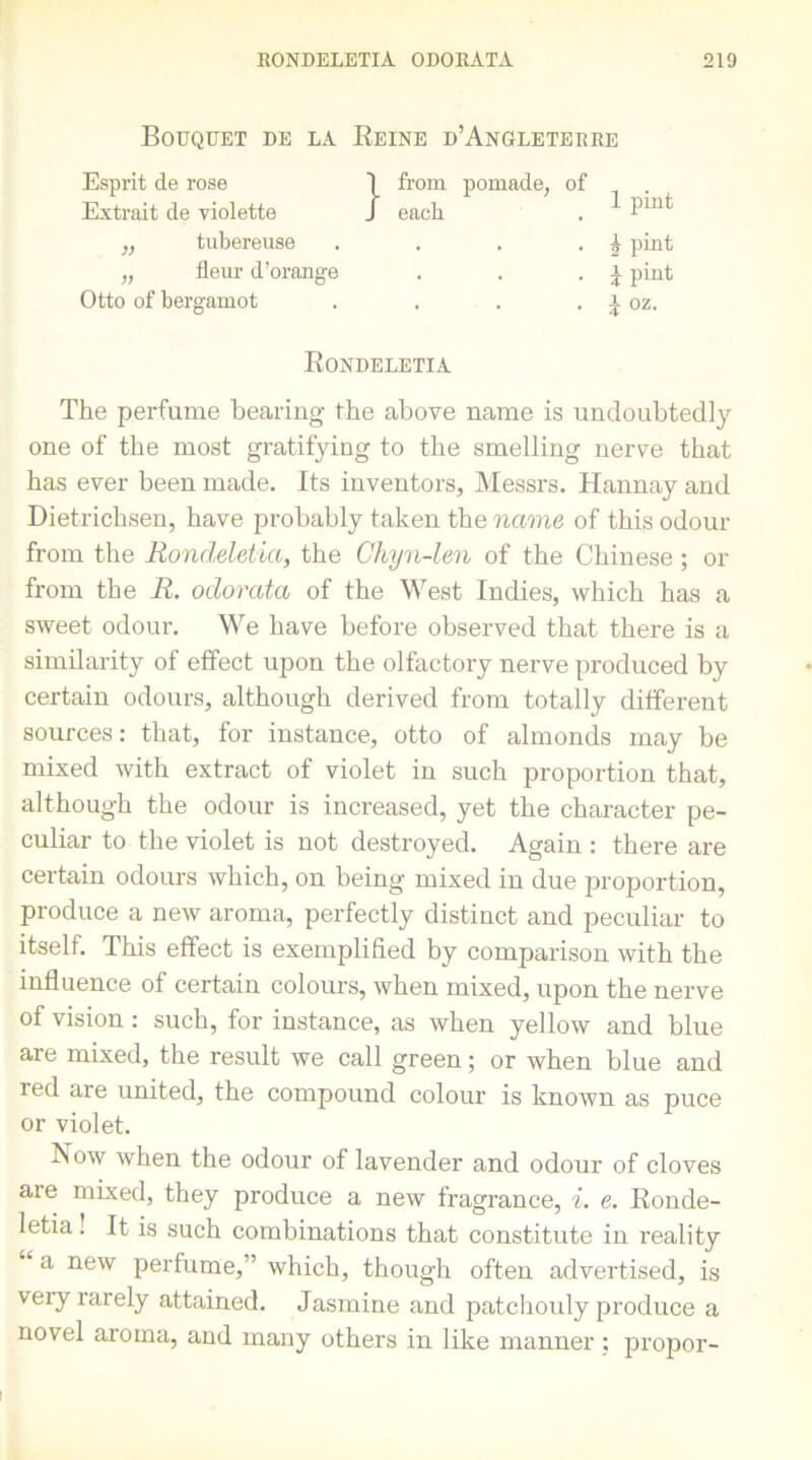 Bouquet de la Reine d’Angleterre Esprit de rose 1 from pomade, of 1 pint Extrait de violette J each „ tubereuse . 2 pint „ dear d’orange • i pint Otto of bergamot . i oz. Rondeletia The perfume bearing the above name is undoubtedly one of the most gratifying to the smelling nerve that has ever been made. Its inventors, Messrs. Hannay and Dietrichsen, have probably taken the name of this odour from the Rondeletia, the Ckyn-len of the Chinese; or from the R. odorata of the West Indies, which has a sweet odour. We have before observed that there is a similarity of effect upon the olfactory nerve produced by certain odours, although derived from totally different sources: that, for instance, otto of almonds may be mixed with extract of violet in such proportion that, although the odour is increased, yet the character pe- culiar to the violet is not destroyed. Again : there are certain odours which, on being mixed in due proportion, produce a new aroma, perfectly distinct and peculiar to itself. This effect is exemplified by comparison with the influence of certain colours, when mixed, upon the nerve of vision: such, for instance, as when yellow and blue are mixed, the result we call green; or when blue and red are united, the compound colour is known as puce or violet. Now when the odour of lavender and odour of cloves are mixed, they produce a new fragrance, i. e. Ronde- letia . It is such combinations that constitute in reality a new perfume,” which, though often advertised, is very rarely attained. Jasmine and patchouly produce a novel aroma, and many others in like manner : propor-