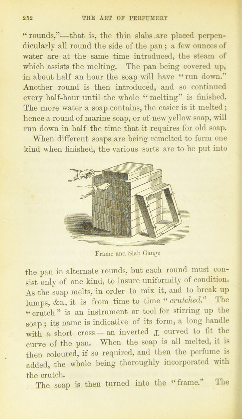 “rounds,”—that is, the thin slabs .are placed perpen- dicularly all round the side of the pan; a few ounces of water are at the same time introduced, the steam of which assists the melting. The pan being covered up, in about half an hour the soap will have “ run down.” Another round is then introduced, and so continued every half-hour until the whole “ melting” is finished. The more water a soap contains, the easier is it melted; hence a round of marine soap, or of new yellow soap, will run down in half the time that it requires for old soap. When different soaps are being remelted to form one kind when finished, the various sorts are to be put into Frame and Slab Gauge the pan in alternate rounds, but each round must con- sist only of one kind, to insure uniformity of condition. As the soap melts, in order to mix it, and to break up lumps, &c., it is from time to time “ crutchedThe «crutch ” is an instrument or tool for stirring up the soap ; its name is indicative of its form, a long handle with a short cross —an inverted x curved to fit the curve of the pan. When the soap is all melted, it is then coloured, if so required, and then the perfume is added, the whole being thoroughly incorporated with the crutch. The soap is then turned into the “frame.” The