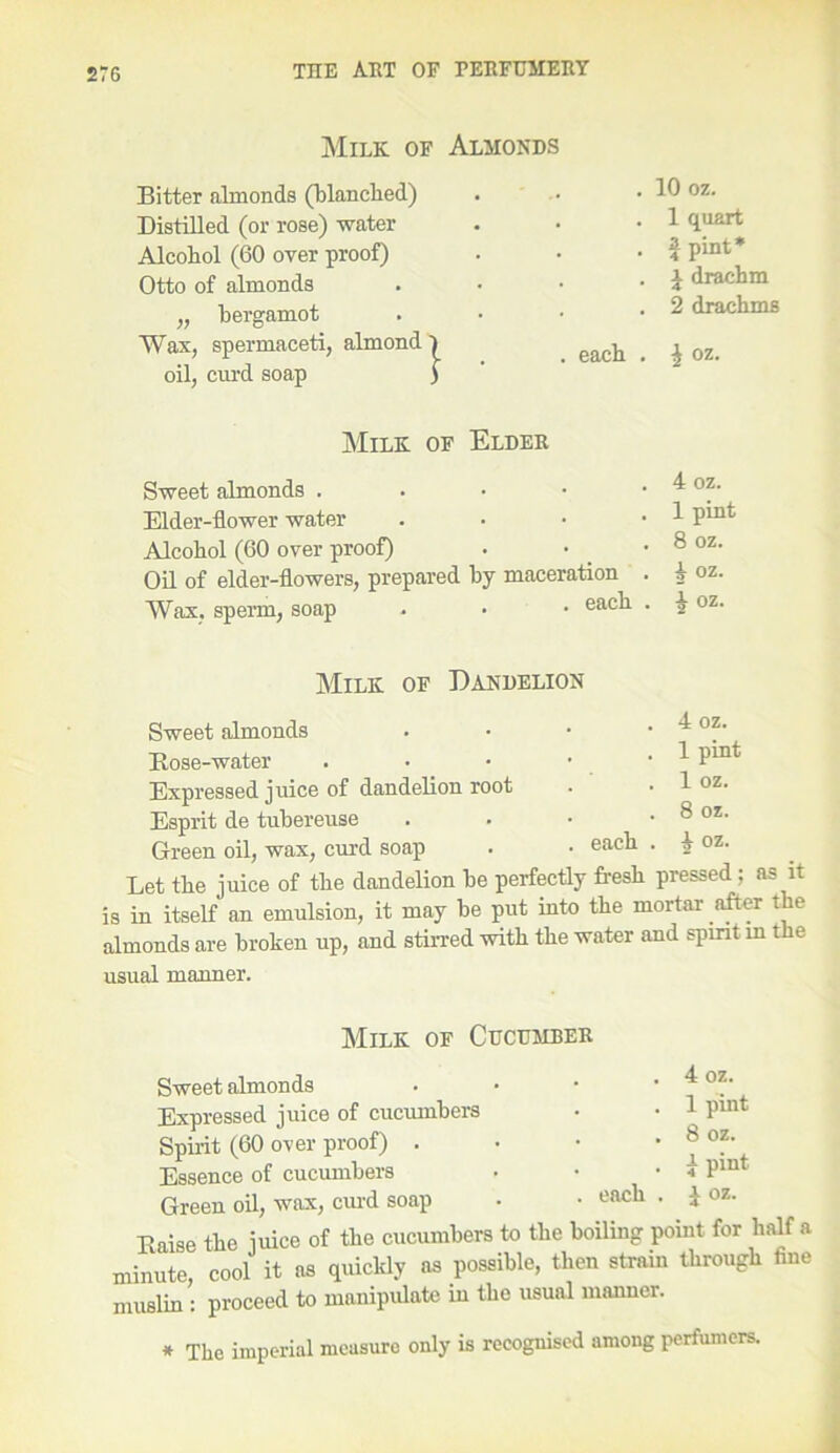Milk of Almonds Bitter almonds (blanched) Distilled (or rose) water Alcohol (60 over proof) Otto of almonds „ bergamot Wax, spermaceti, almond oil, curd soap Milk of Elder Sweet almonds . . • • . 4 oz. Elder-flower water . • • • ^ P’u^ Alcohol (60 over proof) . • . 8 oz. Oil of elder-flowers, prepared by maceration . 4 oz. Wax, sperm, soap . • • each . 4 oz. . 10 oz. . 1 quart . J pint* . i drachm . 2 drachms each . 4 oz. Milk of Dandelion Sweet almonds Hose-water Expressed juice of dandelion root Esprit de tubereuse Green oil, wax, curd soap Let the juice of the dandelion be perfectly fresh pressed ; as it is in itself an emulsion, it may be put into the mortar after the almonds are broken up, and stirred with the water and spirit in the usual manner. each 4 oz. 1 pint 1 oz. 8 oz. 4 oz. Milk of Cucumber each 4 oz. 1 pint 8 oz. l pint 4 oz. Sweet almonds Expressed juice of cucumbers Spirit (60 over proof) . Essence of cucumbers Green oil, wax, curd soap Baise the juice of the cucumbers to the boiling point for half a minute, cool it as quickly as possible, then strain through fine muslin : proceed to manipulate in the usual manner. * The imperial measure only is recognised among perfumers.