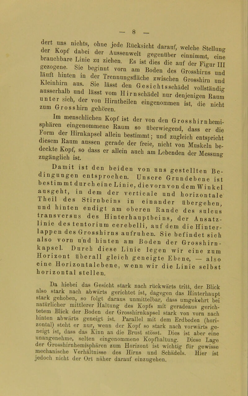 IT Kopf dabei tr i Stellung brauehZ!e T ^er Auseenwelt gegenüber eianimmt, eine biauchbaie Lime zu ziehen. Es ist dies die auf der Fi^ur III gezogene. Sie beginnl vorn am Boden des Grosshirns und lauft hinten in der Trennungsfläche zwischen Grosshirn und hiin aus Sie lasst den Gesichtsschädel vollständig ausserhalb und lasst vom Hirn Schädel nur denjenigen Raum zum Grösih «»genommen ist, die nicht zum tr 1 0 s s üirn gehören. Im menschlichen Kopf ist der von den Gross hi rnhemi- phaien einpnommene Kaum so überwiegend, dass er die d^es^m^^K Hirnkapsel allein bestimmt; und zugleich entspricht diesem Raum aussen gerade der freie, nicht von Muskeln be- deckte Kopf, so dass er allein auch am Lebenden der Messung zugänglich ist. ^ Damit ist den beiden von uns gestellten Be- dingungen entsprochen. Unsere Grundebene ist bestimmt durch eine Linie, dievornvon dem Winkel ausgeht, in dem der verticale und horizontale Theil des Stirnbeins in einander übergehen und hinten endigt am oberen Rande des sulcus transversus des Hinterhauptbeins, der Ansatz- hnie destentorium cerebelli, auf dem dieHinter- lappen des Grosshirns aufruhen. Sie befindet sich also vorn und hinten am Boden der Grosshirn- kapsel. Durch diese Linie legen wir eine zum Horizont überall gleich geneigte Ebene, — also eine Horizontalebene, wenn wir die Linie selbst horizontal stellen. Da hiebei das Gesicht stark nach rückwärts tritt, der Blick also stark nach abwärts gerichtet ist, dagegen das Hinterhaupt stark gehoben^ so folgt daraus unmittelbar, dass umgekehrt bei natürlicher mittlerer Haltung des Kopfs mit geradeaus gerich- tetem Blick der Boden der Grossliirnkapsel stark von vorn nach hinten abwärts geneigt ist. Parallel mit dem Erdboden (hori- zontal) steht er nur, wenn der Kopf so stark nach vorwärts ge- neigt ist, dass das Kinn an die Brust stÖsst. Dies ist aber eine unangenehme, selten eingenommene Kopfhaltung. Diese Lage der Grosshirnhemisphären zum Horizont ist wichtig für gewisse mechanische Verhältnisse des Hirns und Schädels. Hier ist jedoch nicht der Ort näher darauf einzugehen.