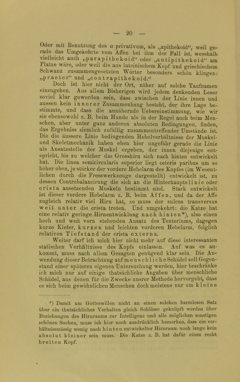 Oder mit Benutzung des a privativum, als „apithekoid“, weil ge- rade das Umgekehrte vom Affen bei ihm der Fall ist, wesshalb vielleicht auch „p ar ap i th ekoid“ oder „antipithekoid“ am Platze wäre, oder weil die aus lateinischem Kopf und griechischem Schwanz zusammengesetzten Wörter besonders schön klingen: „praeter“ und „co n t r ap i th ek o i d.‘‘ Doch ist hier nicht der Ort, näher auf solche Taufnamen einzugehen. Aus allem Bisherigen wird jedem denkenden Leser soviel klar geworden sein, dass zwischen der Linie innen und aussen kein innerer Zusammenhang besteht, der ihre Lage be- stimmte, und dass die annähernde Uebereinstimmung, wie wir sie ebensowohl z. B. beim Hunde als in der Hegel auch beim Men- schen, aber unter ganz anderen absoluten Bedingungen, finden, das Ergebniss ziemlich zufällig zusammentreffender Umstände ist. Die die äussere Linie bedingenden Hebelverhältnisse der Muskel- und Skeletmechanik haben eben hier ungefähr gerade die Linie als Ansatzstelle der Muskel ergeben, der innen diejenige ent- spricht, bis zu welcher das Gi’osshirn sich nach hinten entw’ickelt hat. Die linea semicircularis superior liegt ceteris paribus um so höher oben, je stärker der vordere Hebelarm des Kopfes (im Wesent- lichen durch die Fresswerkzeuge dargestellt) entwickelt ist, zu dessen Contrebalancirung die sich an die Hinterhaupts 1 i n i e oder Crista ansetzenden Muskeln bestimmt sind. Stark entwickelt ist dieser vordere Hebelai’m z. B. beim Affen, und da der Affe zugleich relativ viel Hirn hat, so muss der sulcus transversus weit unter die crista treten. Und umgekehrt: die Katze hat eine relativ geringe Hirnentwicklung nach hinten*), also einen hoch und weit vorn stehenden Ansatz des Tentoriums, dagegen kurze Kiefer, kurzen und leichten vorderen Hebelarm, folglich relativen Tiefstand der crista externa. Weiter darf ich mich hier nicht mehr auf diese interessanten statischen Verhältnisse des Kopfs einlassen. Auf was es an- kommt, muss nach allem Gesagten genügend klar sein. Die An- w'endung dieser Betrachtung auf menschliche Schädel soll Gegen- stand einer späteren eigenen Untersuchung werden, hier beschränke ich mich nur auf einige thatsächliche Angaben über menschliche Schädel, aus denen für die Zwecke unsrer Methode hervorgeht, dass es sich beim gewöhnlichen Menschen doch meistens nur um kleine *) Damit um Gotteswillen nicht an einen solchen harmlosen Satz über ein thatsächliches Verhalten gleich Schlüsse geknüpft werden über Beziehungen des Hirnraums zur Intelligenz und alle möglichen sonstigen schönen Sachen, muss ich hier noch ausdrücklich bemerken, dass ein ver- hältnissmässig wenig nach hinten entwickelter Hirnrauni noch lange kein absolut kleiner sein muss. Die Katze z. B. hat dafür einen recht breiten Kopf.
