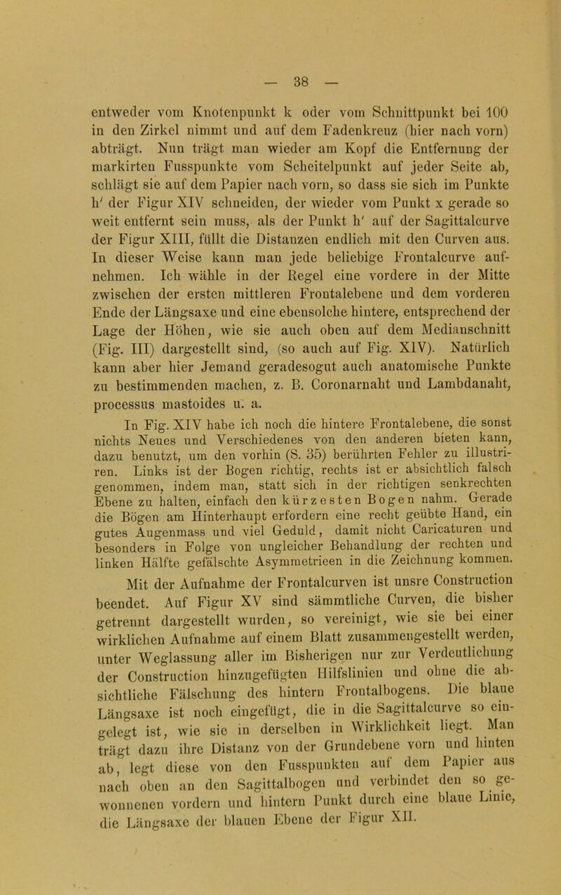 entweder vom Knotenpunkt k oder vom Schnittpunkt bei 100 in den Zirkel nimmt und auf dem Fadenkreuz (hier nach vorn) abträgt. Nun trägt man wieder am Kopf die Entfernung der markirten Fusspunkte vom Scheitelpunkt auf jeder Seite ab, schlägt sie auf dem Papier nach vorn, so dass sie sich im Punkte h' der Figur XIV schneiden, der wieder vom Punkt x gerade so weit entfernt sein muss, als der Punkt h' auf der Sagittalcurve der Figur XIII, füllt die Distanzen endlich mit den Curven aus. In dieser Weise kann man jede beliebige Frontalcurve auf- nehmen. Ich wähle in der Regel eine vordere in der Mitte zwischen der ersten mittleren Frontalebene und dem vorderen Ende der Längsaxe und eine ebensolche hintere, entsprechend der Lage der Höhen, wie sie auch oben auf dem Medianschnitt (Fig. III) dargestellt sind, (so auch auf Fig. XIV). Natürlich kann aber hier Jemand geradesogut auch anatomische Punkte zu bestimmenden machen, z. B. Coronarnaht und Lambdanaht, processus mastoides u. a. In Fig. XIV habe ich noch die hintere Frontalebene, die sonst nichts Neues und Verschiedenes von den anderen bieten kann, dazu benutzt, um den vorhin (S. 35) berührten Fehler zu illustri- ren. Links ist der Bogen richtig, rechts ist er absichtlich falsch genommen, indem man, statt sich in der richtigen senkrechten Ebene zu halten, einfach den kürzesten Bogen nahm. G-erade die Bögen am Hinterhaupt erfordern eine recht geübte Hand, ein gutes Augenmass und viel G eduld, damit nicht Caricaturen und besonders in Folge von ungleicher Behandlung der rechten und linken Hälfte gefälschte Asymmetrieen in die Zeichnung kommen. Mit der Aufnahme der Frontalcurven ist unsre Construction beendet. Auf Figur XV sind sämmtliche Curven, die bisher getrennt dargestellt wurden, so vereinigt, wie sie bei einer wirklichen Aufnahme auf einem Blatt zusammengestellt werden, unter Weglassung aller im Bisherigen nur zur Verdeutlichung der Construction hinzugefügten Hilfslinien und ohne die ab- sichtliche Fälschung des hintern Frontalbogens. Die blaue Längsaxe ist noch eingefügt, die in die Sagittalcurve so ein- gelegt ist, wie sie in derselben in Wirklichkeit liegt. Man trägt dazu ihre Distanz von der Grundebene vorn und hinten ab, legt diese von den Fusspuukten auf dem Papier aus nach oben an den Sagittalbogen und verbindet den so ge- wonnenen vordem und hintern Punkt durch eine blaue Lime, die Längsaxe der blauen Ebene der I igoi XII.