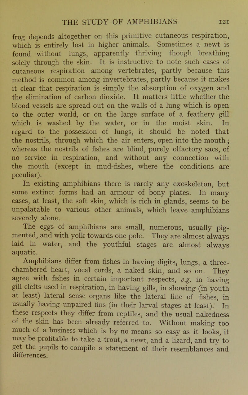 frog depends altogether on this primitive cutaneous respiration, which is entirely lost in higher animals. Sometimes a newt is found without lungs, apparently thriving though breathing solely through the skin. It is instructive to note such cases of cutaneous respiration among vertebrates, partly because this method is common among invertebrates, partly because it makes it clear that respiration is simply the absorption of oxygen and the elimination of carbon dioxide. It matters little whether the blood vessels are spread out on the walls of a lung which is open to the outer world, or on the large surface of a feathery gill which is washed by the water, or in the moist skin. In regard to the possession of lungs, it should be noted that the nostrils, through which the air enters, open into the mouth; whereas the nostrils of fishes are blind, purely olfactory sacs, of no service in respiration, and without any connection with the mouth (except in mud-fishes, where the conditions are peculiar). In existing amphibians there is rarely any exoskeleton, but some extinct forms had an armour of bony plates. In many cases, at least, the soft skin, which is rich in glands, seems to be unpalatable to various other animals, which leave amphibians severely alone. The eggs of amphibians are small, numerous, usually pig- mented, and with yolk towards one pole. They are almost always laid in water, and the youthful stages are almost always aquatic. Amphibians differ from fishes in having digits, lungs, a three- chambered heart, vocal cords, a naked skin, and so on. They agree with fishes in certain important respects, e.g. in having gill clefts used in respiration, in having gills, in showing (in youth at least) lateral sense organs like the lateral line of fishes, in usually having unpaired fins (in their larval stages at least). In these respects they differ from reptiles, and the usual nakedness of the skin has been already referred to. Without making too much of a business which is by no means so easy as it looks, it may be profitable to take a trout, a newt, and a lizard, and try to get the pupils to compile a statement of their resemblances and differences.