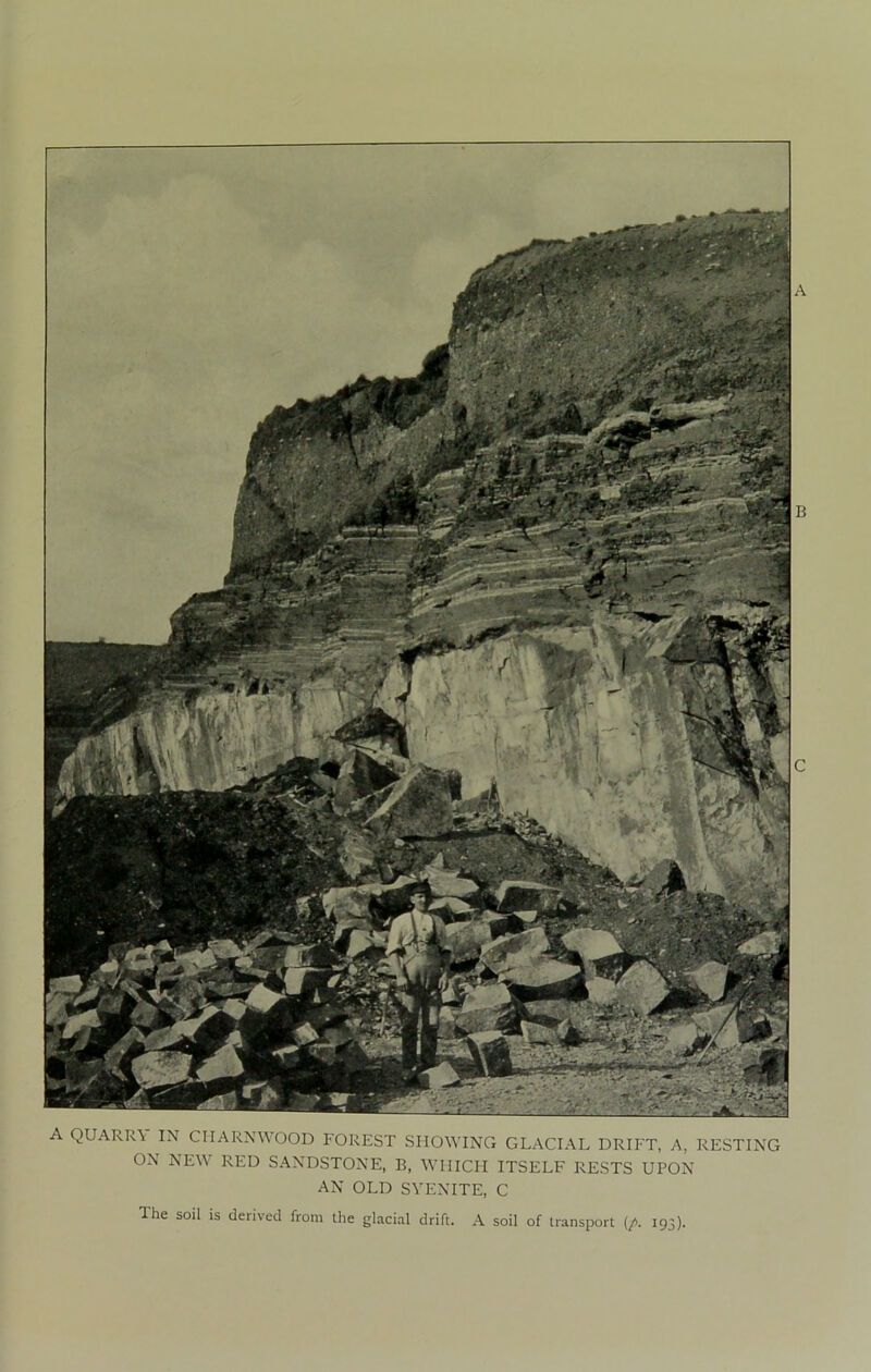 A QUARR\ IN CIIARNWOOD FOREST SHOWING GLACIAL DRIFT, A, RESTING ON NEW RED SANDSTONE, B, WHICH ITSELF RESTS UPON AN OLD SYENITE, C