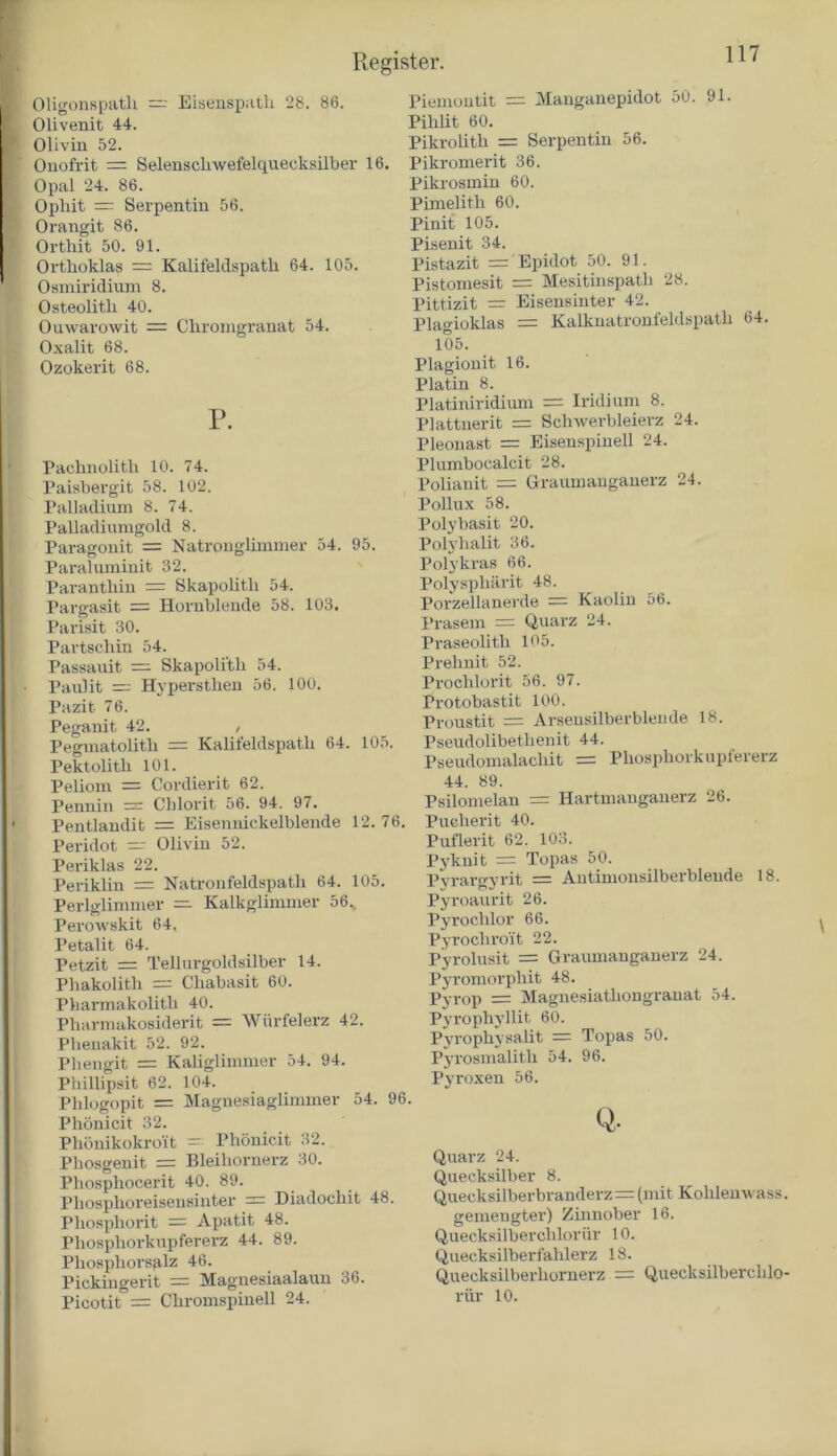 Oligonspath — Eisenspath 28. 86. Olivenit 44. Olivin 52. Onofrit = Selenscliwefelquecksilber 16. Opal 24. 86. Opliit = Serpentin 56. Orangit 86. Orthit 50. 91. Orthoklas = Kalifeldspath 64. 105. Osmiridium 8. Osteolith 40. Ouwarowit = Chromgranat 54. Oxalit 68. Ozokerit 68. P. Paehnolith 10. 74. Paisbergit 58. 102. Palladium 8. 74. Palladiumgold 8. Paragonit = Natronglimmer 54. 95. Paraluminit 32. Paranthin = Skapolitli 54. Pargasit = Hornblende 58. 103. Parisit 30. Partschin 54. Passauit — Skapolitli 54. Paulit — Hypersthen 56. 100. Pazit 76. Peganit 42. , Pegmatolith = Kalifeldspath 64. 105. Pektolith 101. Peliom = Cordierit 62. Pennin = Chlorit 56. 94. 97. Pentlandit = Eisennickelblende 12. 76. Peridot — Olivin 52. Periklas 22. Periklin = Natronfeldspath 64. 105. Perlglimmer — Kalkglimmer 56. Perowskit 64. Petalit 64. Petzit = Tellurgoldsilber 14. Phakolith = Cliabasit 60. Pharmakolitli 40. Pharmakosiderit = Würfelerz 42. Plienakit 52. 92. Phengit = Kaliglimmer 54. 94. Phillipsit 62. 104. Phlogopit = Magnesiaglimmer 54. 96. Phönicit 32. Phönikokroit — Phönicit 32. Phosgenit = Bleihornerz 30. Pliosphocerit 40. 89. Pliosphoreiseusinter = Diadocliit 48. Phosphorit = Apatit 48. Pliosphorkupferex’z 44. 89. Pliospliorsglz 46. Pickingerit = Magnesiaalaun 36. Picotit = Chromspinell 24. Piemontit = Manganepidot 50. 91. Pililit 60. Pikrolith = Serpentin 56. Pikromerit 36. Pikrosmin 60. Pimelith 60. Pinit 105. Pisenit 34. Pistazit =' Epidot 50. 91. Pistomesit = Mesitinspath 28. Pittizit = Eisensinter 42. Plagioklas = Kalknatronfeldspatli 64. 105. Plagionit 16. Platin 8. Platiniridium = Iridium 8. Plattnerit = Schwerbleierz 24. Pleonast = Eisenspinell 24. Plumbocalcit 28. Polianit = Graumanganerz 24. Pollux 58. Polybasit 20. Polyhalit 36. Polykras 66. Polyspliärit 48. Porzellanerde = Kaolin 56. Prasem = Quarz 24. Praseolith 105. Prehnit 52. Proclilorit 56. 97. Protobastit 100. Proustit = Arsensilberblende 18. Pseudolibetlienit 44. Pseudomalachit = Phosphor kupfererz 44. 89. Psilomelan = Hartmanganerz 26. Pucherit 40. Puflerit 62. 103. Pyknit = Topas 50. Pyrargyrit = Antimonsilberbleude 18. Pyroaurit 26. Pyrochlor 66. Pyrochroit 22. Pyrolusit = Graumauganerz 24. Pyromorphit 48. Pyrop = Magnesiathongranat 54. Pyrophyllit 60. Pyrophysalit = Topas 50. Pyrosmalith 54. 96. Pyroxen 56. Q. Quarz 24. Quecksilber 8. Quecksilber branderz=(mit Kolilenwass. gemengter) Zinnober 16. Quecksilberchlorür 10. Quecksilberfahlerz 18. Quecksilberhornerz = Quecksilberchlo- rür 10.