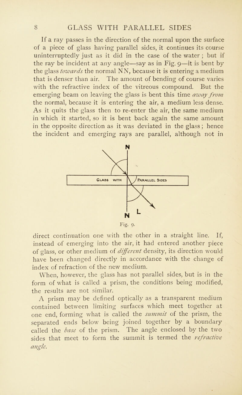 If a ray passes in the direction of the normal upon the surface of a piece of glass having parallel sides, it continues its course uninterruptedly just as it did in the case of the water ; but if the ray be incident at any angle—say as in Fig. 9—it is bent by the glass towards the normal NN, because it is entering a medium that is denser than air. The amount of bending of course varies with the refractive index of the vitreous compound. But the emerging beam on leaving the glass is bent this time away from the normal, because it is entering the air, a medium less dense. As it quits the glass then to re-enter the air, the same medium in which it started, so it is bent back again the same amount in the opposite direction as it was deviated in the glass; hence the incident and emerging rays are parallel, although not in N direct continuation one with the other in a straight line. If, instead of emerging into the air, it had entered another piece of glass, or other medium of differeiit density, its direction would have been changed directly in accordance with the change of index of refraction of the new medium. When, however, the glass has not parallel sides, but is in the form of what is called a prism, the conditions being modified, the results are not similar. A prism may be defined optically as a transparent medium contained between limiting surfaces which meet together at one end, forming what is called the summit of the prism, the separated ends below being joined together by a boundary called the base of the prism. The angle enclosed by the two sides that meet to form the summit is termed the refractive angle.