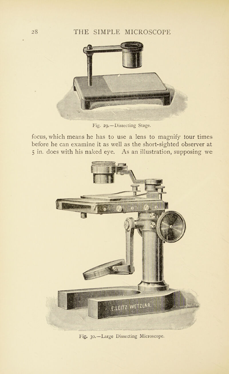 Fig. 29.—Dissecting Stage. focus, which means he has to use a lens to magnify tour times before he can examine it as well as the short-sighted observer at 5 in. does with his naked eye. As an illustration, supposing we Fig. 30.—Large Dissecting Microscope