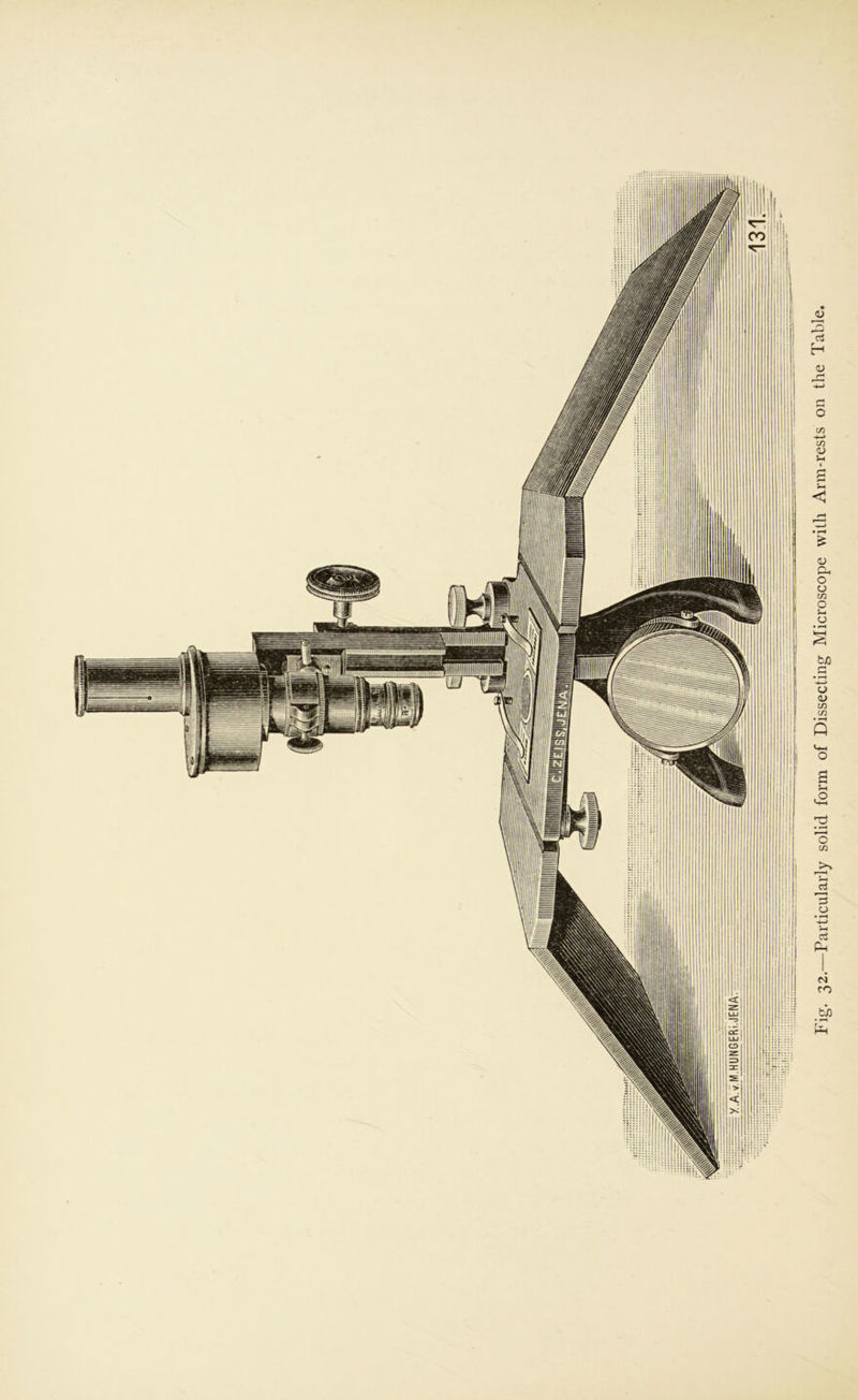 Fig. 32.—Particularly solid form of Dissecting Microscope with Arm-rests on the Table,