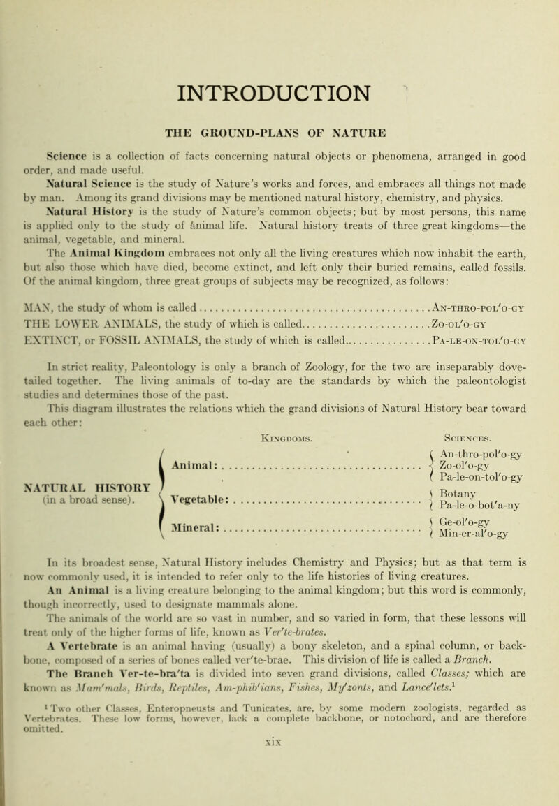 INTRODUCTION THE GROUXD-PLANS OF NATURE Science is a collection of facts concerning natural objects or phenomena, arranged in good order, and made useful. Natural Science is the study of Nature’s works and forces, and embraces all things not made by man. Among its grand divisions may be mentioned natural history, chemistry, and physics. Natural History is the study of Nature’s common objects; but by most persons, this name is applied only to the study of Animal life. Natural history treats of three great kingdoms—the animal, vegetable, and mineral. The .\ninial Kmgdoui embraces not only all the living creatures which now inhabit the earth, but also those which have died, become extinct, and left only their buried remains, called fossils. Of the animal kingdom, three great groups of subjects may be recognized, as follows: M.\N, the study of whom is called An-thro-pol'o-gy THE LOWER ANTM.A.LS, the study of which is called Zo-ol'o-gy EXTI.N'CT, or FOSSIL ANIM.\LS, the study of which is called Pa-le-on-tol'o-gy In strict reality. Paleontology is only a branch of Zoology, for the two are inseparably dove- tailed together. The living animals of to-day are the standards by which the paleontologist studies and determines those of the past. This diagram illustrates the relations which the grand divisions of Natural History bear toward each other; Kingdoms. Sciences. NATl'RAL HISTORY (in a broad sense). ^ Animal: . \ Vegetable: ( Mineral: . ( An-thro-pol'o-gy 'j Zo-oTo-gy ( Pa-le-on-tol'o-gy j Botany ( Pa-le-o-bot'a-ny j Ge-ol'o-gy i Min-er-al'o-gy In its broadest sense, Natural History includes Chemistry and Physics; but as that term is now commonly used, it is intended to refer only to the life histories of living creatures. .\n .\nimal is a living creature belonging to the animal kingdom; but this word is commonlj'-, though incorrectly, used to designate mammals alone. The animals of the world are so vast in number, and so varied in form, that these lessons will treat only of the higher forms of life, known as Ver'te-brates. \ Vertebrate is an animal having (usually) a bony skeleton, and a spinal column, or back- bone, composed of a .series of bones called ver'te-brae. This division of life is called a Branch. The Hranch \'er-te-bra'ta is divided into seven grand divisions, called Classes; which are known as Mnm'mals, Birds, Reptiles, Am-phih'ians, Fishes, My'zonts, and Lance'lcts.^ 'Two other CIas.ses, Enteropneust.s and Tunicates, are, by some modern zoologists, regarded as Vertebrates. These low forms, however, lack a complete backbone, or notochord, and are therefore omitted.