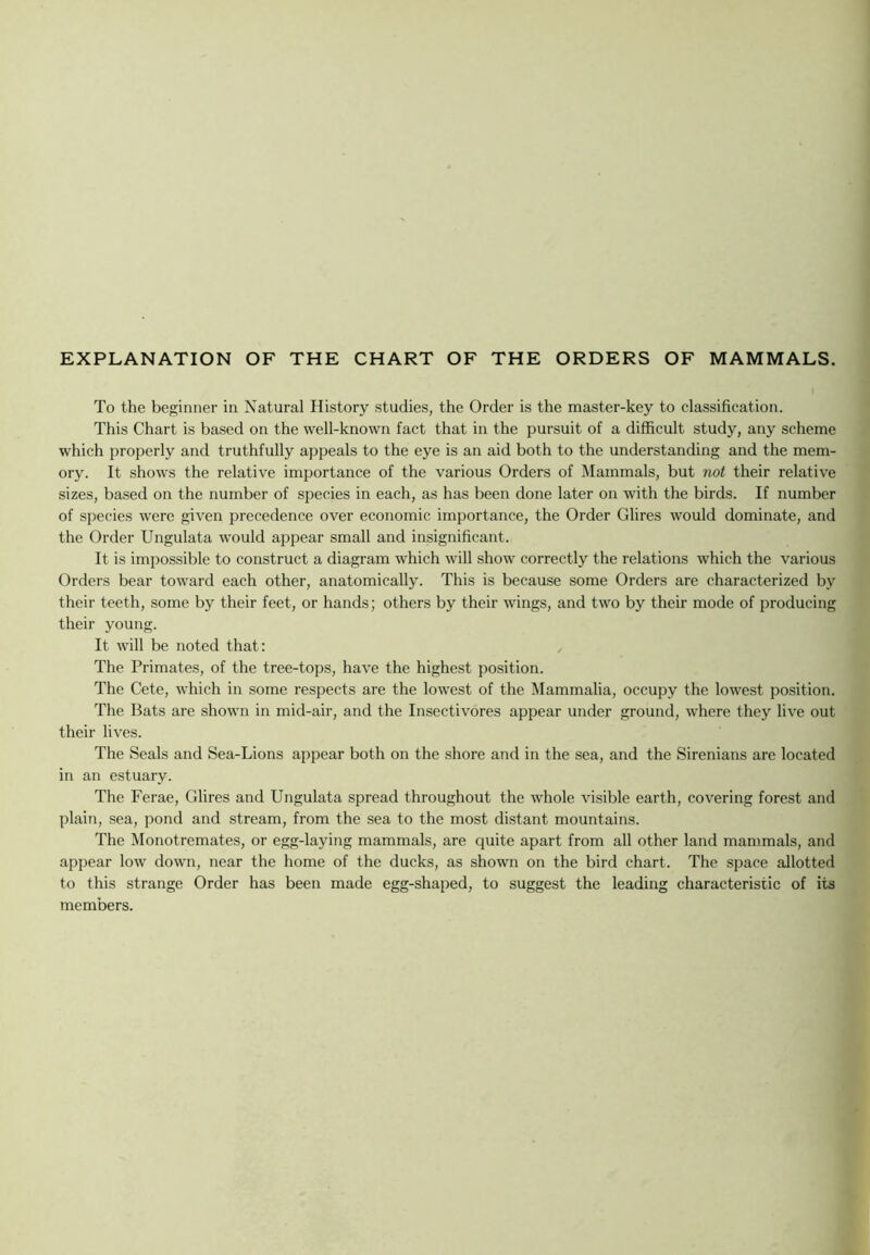 EXPLANATION OF THE CHART OF THE ORDERS OF MAMMALS. To the beginner in Natural History studies, the Order is the master-key to classification. This Chart is based on the well-known fact that in the pursuit of a difficult study, any scheme which properly and truthfully appeals to the eye is an aid both to the understanding and the mem- ory. It shows the relative importance of the various Orders of i\Iammals, but not their relative sizes, based on the number of species in each, as has been done later on with the birds. If number of species were given precedence over economic importance, the Order Glires would dominate, and the Order Ungulata would appear small and insignificant. It is impossible to construct a diagram which will show correctly the relations which the various Orders bear toward each other, anatomically. This is because some Orders are characterized by their teeth, some by their feet, or hands; others by their wings, and two by their mode of producing their young. It will be noted that: The Primates, of the tree-tops, have the highest position. The Cete, which in some respects are the lowest of the Mammalia, occupy the lowest position. The Bats are shown in mid-air, and the Insectivores appear under ground, where they live out their lives. The Seals and Sea-Lions appear both on the shore and in the sea, and the Sirenians are located in an estuary. The Ferae, Glires and Ungulata spread throughout the whole visible earth, covering forest and plain, sea, pond and stream, from the sea to the most distant mountains. The Monotremates, or egg-laying mammals, are quite apart from all other land mammals, and appear low down, near the home of the ducks, as shown on the bird chart. The space allotted to this strange Order has been made egg-shaped, to suggest the leading characteristic of its members.