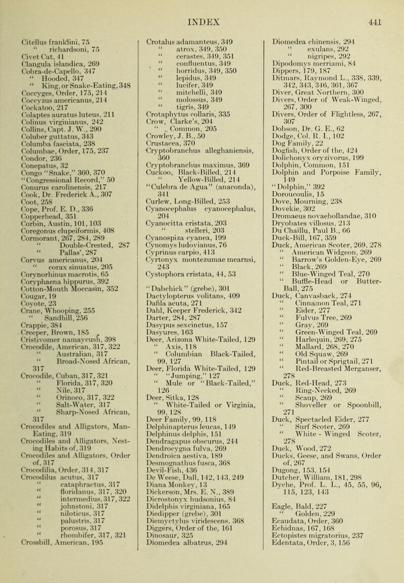 Citellus franldini, 75 “ riehardsoni, 75 Civet Cat, 41 Clangula islandica, 269 Cobra-de-Capello, 347 “ Hooded, 347 “ Kinft, or Snake-Eating, 348 Coccyges, Order, 175, 214 Coccyzus ainericanus, 214 Cockatoo, 217 Colaptes auratus luteus, 211 Colinus virginianus, 242 Collins, Capt. ,J. W., 290 Coluber guttatus, 343 Columba fasciata, 238 Columbae, Order, 175, 237 Condor, 236 Conepatus, 32 Congo “Snake,” 360, 370 “Congressional Record,” 50 Conurus carolinensis, 217 Cook, Dr. Frederick A., 307 Coot, 2.58 Cope, Prof. E. D., 336 Copperhead, 351 Corbin, .\ustin, 101, 103 Coregomis clupeiforniis, 408 Cormorant, 267, 284, 289 “ Double-Crested, 287 “ Pallas’, 287 Corvus ainericanus, 204 “ corax sinuatus, 205 Corj'norhinus macrotis, 65 Coryphaena hippurus, 392 Cotton-Mouth Moccasin, 352 Cougar, 19 Coyote, 23 Crane, Whooping, 255 “ Sandhill, 256 ('rappie, 384 Creeper, Brown, 185 , Crist ivomer namaycush, 398 Crocodile, American, 317, 322 “ Australian, 317 “ Broad-Nosed African, 317 Crocodile, Cuban, 317, 321 “ Florida, 317, 320 “ Nile, 317 “ Orinoco, 317, 322 “ Salt-Water, 317 “ Sharp-Nosed .\frican, 317 Crocodiles and Alligators, Man- Eating, 319 Crocodiles and .\lligators. Nest- ing Habits of, .319 Crocodiles and .\lligators. Order of, 317 Crocodilia, Order, 314, 317 Crocodilus acutus, 317 “ cataphractus, 317 “ floridanus, 317, 320 “ intermedius,317,322 “ johnstoni, 317 “ niloticus, 317 “ palustris, 317 “ porosus, 317 “ rhombifer, 317, 321 Crossbill, .\merican, 195 Crotalus adamanteus, 349 “ atrox, 349, 350 “ cerastes, 3B), 351 “ confluentus, 349 “ horridus, .349, 350 “ lepidus, 349 “ lucifer, 349 “ mitchelli, 349 “ molossus, 349 “ tigris, 349 Crotaphytus collaris, 335 Crow, Clarke’s, 204 “ Common, 205 Crowley, J. B., 50 Crustacea, 370 ■Crvptobranchus alleghaniensis, ‘ .360 Crvptobranchus maximus, 369 Cuckoo, Black-Billed, 214 “ Yellow-Billed, 214 “Culebra de Agua” (anaconda), .341 Curlew, Long-Billed, 253 Cyanocephalus cyanocephalus, 204 Cyanocitta cristata, 203 “ stelleri, 20.3 Cyanospiza cyanea, 199 Cynomys ludovianus, 76 Cyprinus carpio, 41.3 Cyrtonyx montezumae mearnsi, 243 Cystophora cristata, 44, 53 “Dabchick” (grebe), 301 Dactylopterus volitans, 409 Dahla acuta, 271 Dahl, Keeper Frederick, 342 Darter, 284, 287 Dasypus sexcinctus, 157 Dasj'ures, 163 Deer, Arizona White-Tailed, 129 “ -\xis, 118 “ Columbian Black-Tailed, 99, 127 Deer, Florida White-Tailed, 129 “ “.lumping,” 127 “ Mule or “Black-Tailed,” 126 Deer, Sitka, 128 “ White-Tailed or Virginia, 99, 128 Deer Family, 99, 118 Delphinapterus leucas, 149 Delphinus delphis, 151 Dendragapus obscurus, 244 Dendrocygna fulva, 269 Dendroica aestiva, 189 Desmognathus fusca, 368 Devil-Fish, 4.36 De Weese, Dali, 142, 143, 249 Diana Monkey, 13 Dickerson, Mrs. E. N., 389 Dicrostonyx hudsonius, 84 Didelphis virginiana, 165 Diedipper (grebe), .301 Diemyctylus viridescens, 368 Diggers, Order of the, 161 Dinosaur, 325 Diomedea albatrus, 294 Diomedea chinensis, 294 “ exulans, 292 “ nigripes, 292 Dipodomys merriami, 84 Dippers, 179, 187 Ditmars, Raymond L., 338, 339, 342, 34.3, 346, 361,367 Diver, Great Northern, 300 Divers, Order of Weak-Winged, 267, .300 Divers, Order of Flightless, 267, .307 Dob.son, Dr. G. E., 62 Dodge, Ck)l. R. I., 102 Dog Family, 22 Dogfish, Order of the, 424 Dolichonyx oryzivorus, 199 Dolphin, Common, 151 Dolphin and Porpoise Family, 149 “Dolphin,” 392 Doroucoulis, 15 Dove, Mourning, 238 Dovekie, .302 Dromaeus novaehollandae, 310 Dryobates villosus, 213 Du Chaillu, Paul B., 66 Duck-Bill, 167, 3.59 Duck, American Scoter, 269, 278 “ American Widgeon, 269 “ Barrow’s Golden-Eye, 269 “ Black, 269 “ Blue-Winged Teal, 270 “ BufHe-Head or Butter- Ball, 27.5 Duck, Canvasback, 274 “ Cinnamon Teal, 271 “ Eider, 277 “ Fillvus Tree, 269 “ Gray, 269 “ Green-Winged Teal, 269 “ Harlequin, 269, 275 “ Mallard, 268, 270 “ Old Squaw, 269 “ Pintail or Sprigtail, 271 “ Red-Breasted Merganser, 278 Duck, Red-Head, 27.3 “ Ring-Necked, 269 “ Scaup, 269 “ Shoveller or Spoonbill, 271 Duck, Spectacled Eider, 277 “ Surf Scoter, 269 “ White - Winged Scoter, 278 Duck, Wood, 272 Ducks, Geese, and Swans, Order of, 267 Dugong, 1.5.3, 154 Dutcher, William, 181,298 Dyche, Prof. L. L., 45, 55, 96, 115, 123, 143 Eagle, Bald, 227 “ Golden, 229 Ecaudata, Order, .360 Echidnas, 167, 168 Ectopistes migratorius, 237 Edentata, Order, 3, 156